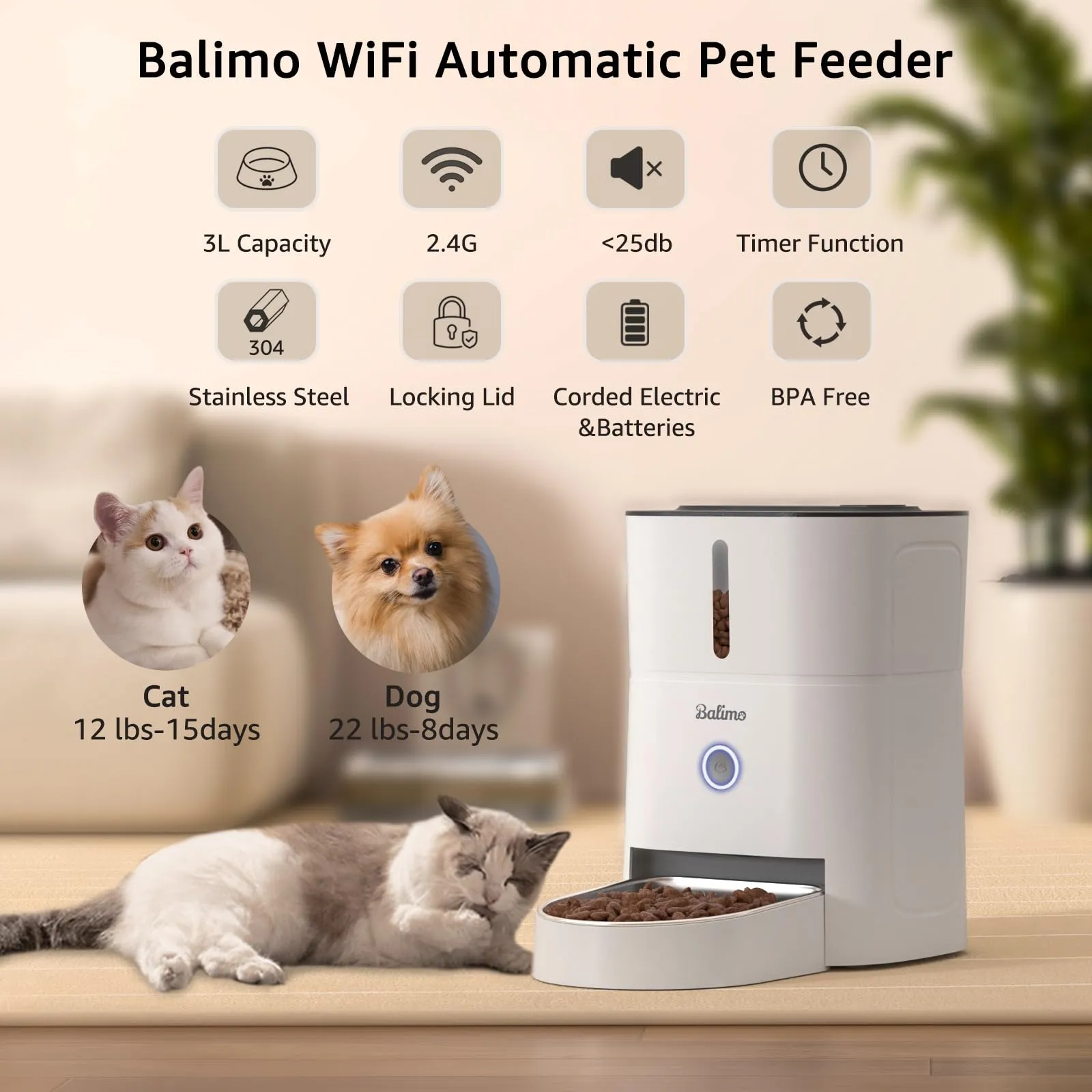 Balimo Distributore Automatico Cibo Gatti, 2.4G WiFi Dispenser Crocchette Gatto, 3L Distributore Automatico Cibo Cani, 10 Pasti al Giorno, Con Ciotola in Acciaio Inox 304, Adatto Per Cani e Gatti - immagine 6