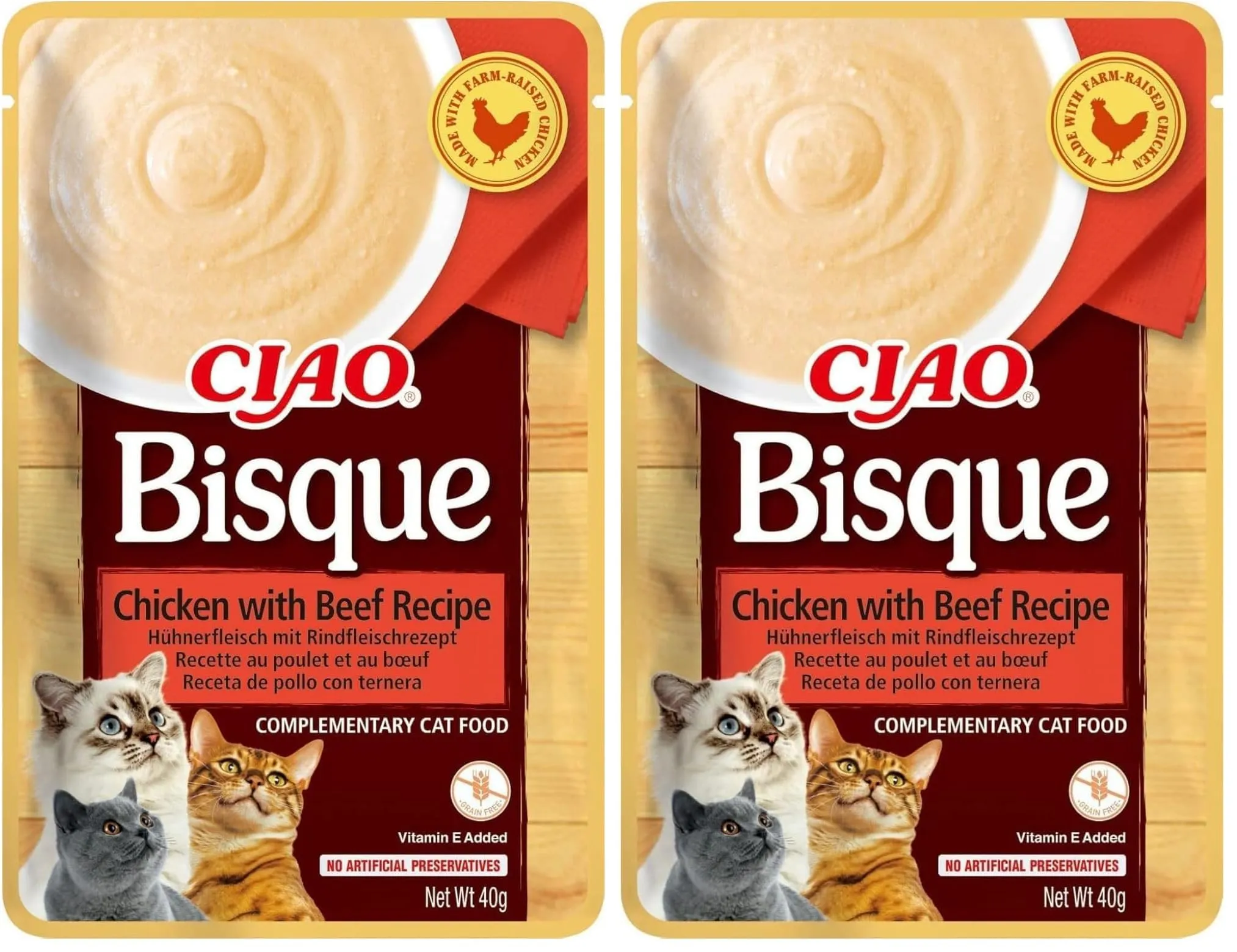 INABA CIAO Bisque di Pollo con Manzo, Cibo Umido per Gatti - Crema Sana e Deliziosa ad Alto Contenuto di Umidità - Cibo per Gatti Complementare Senza Conservanti o Coloranti Artificiali - 1 x 40gr - immagine 1