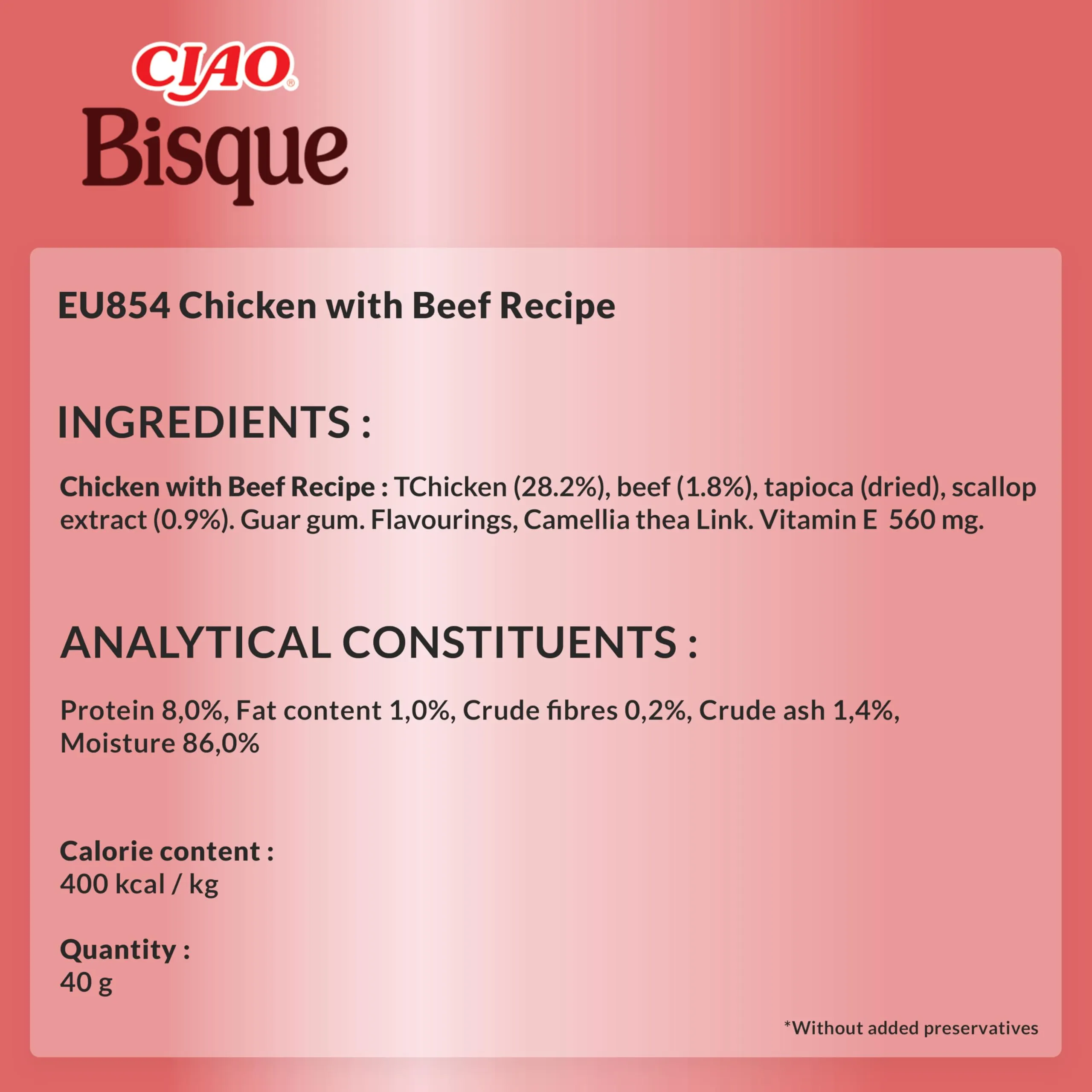 INABA CIAO Bisque di Pollo con Manzo, Cibo Umido per Gatti - Crema Sana e Deliziosa ad Alto Contenuto di Umidità - Cibo per Gatti Complementare Senza Conservanti o Coloranti Artificiali - 1 x 40gr - immagine 2
