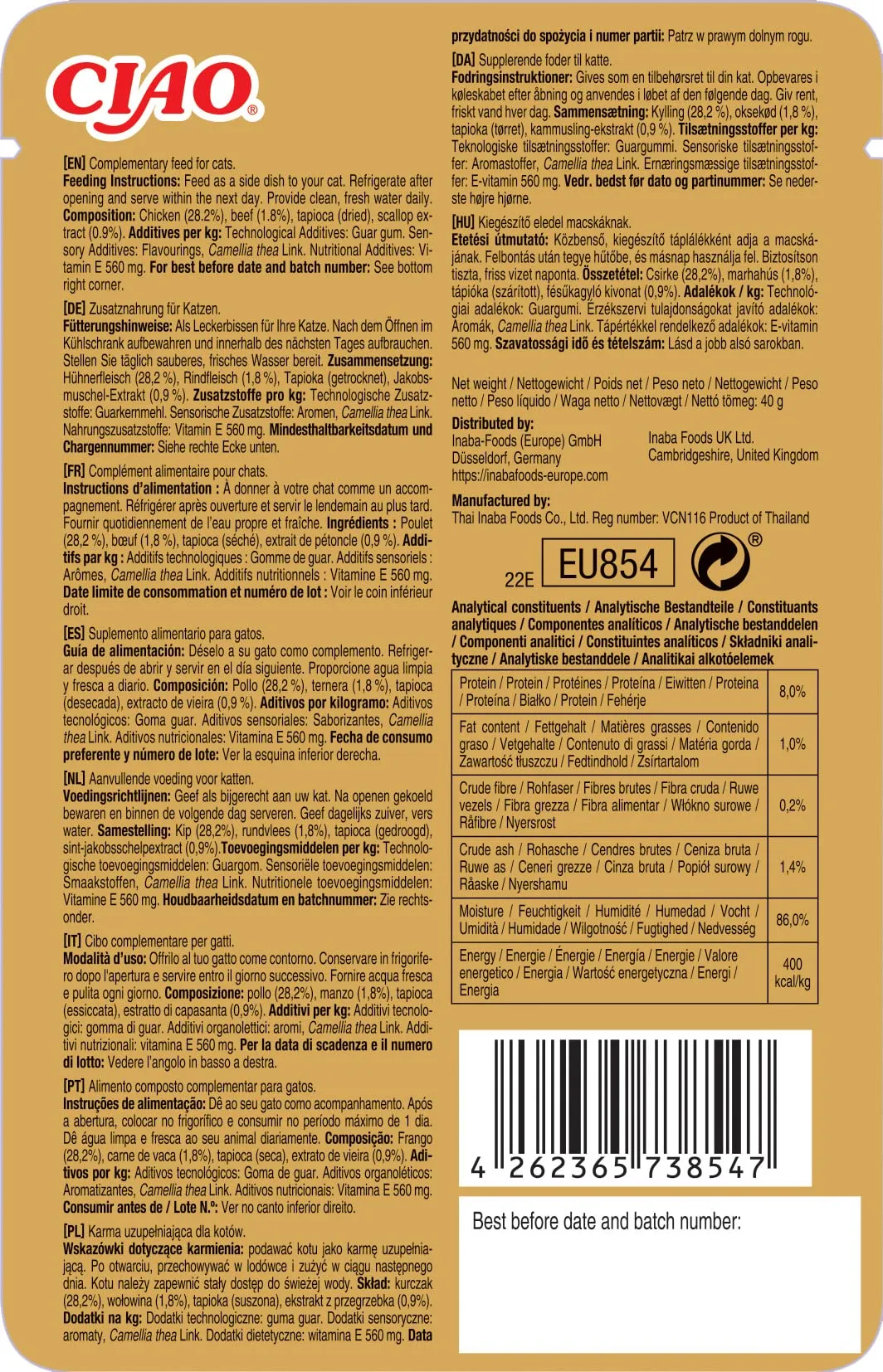 INABA CIAO Bisque di Pollo con Manzo, Cibo Umido per Gatti - Crema Sana e Deliziosa ad Alto Contenuto di Umidità - Cibo per Gatti Complementare Senza Conservanti o Coloranti Artificiali - 1 x 40gr - immagine 6