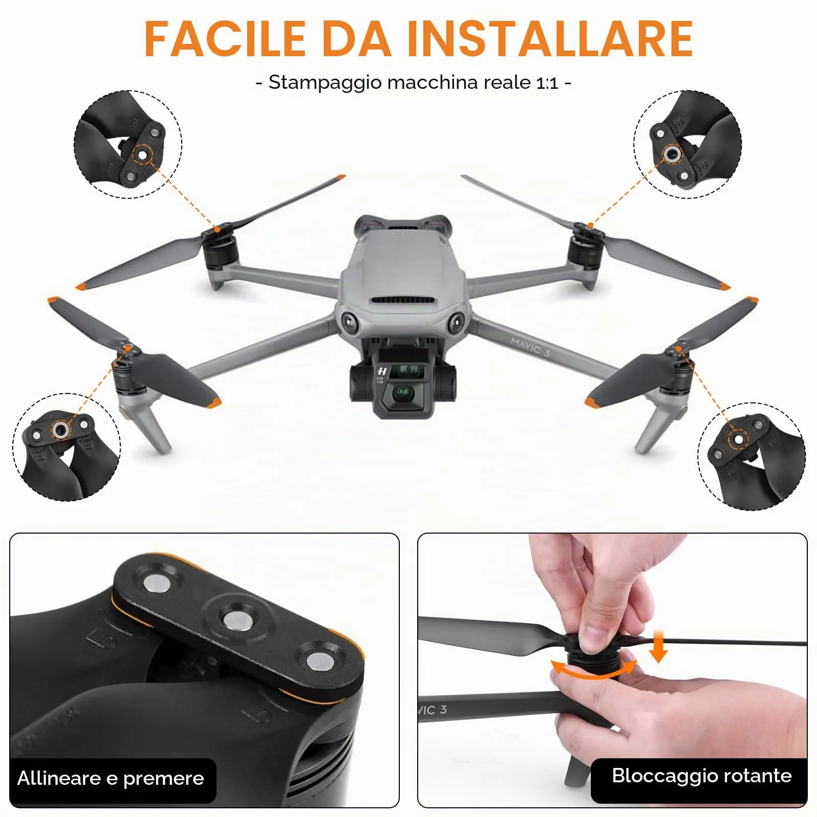 Bocguy 8 Pezzi Eliche Mavic 3, Eliche 9453F per Mavic 3/3 Pro / 3 Classic / 3 Cine / 3 Pro Cine Accessori Sostituzione Drone con Rilascio Rapido, Basso Rumore & Stabile (Arancia) - immagine 3