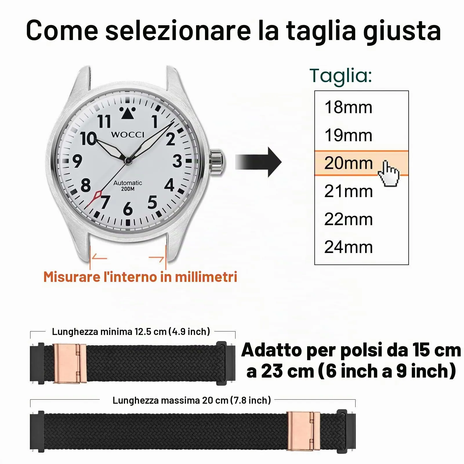 WOCCI 22mm Intrecciato Nylon Cinturino per Orologio da Uomo e da Donna, Regolabile Fibbia Oro Rosa (Nero) - immagine 4