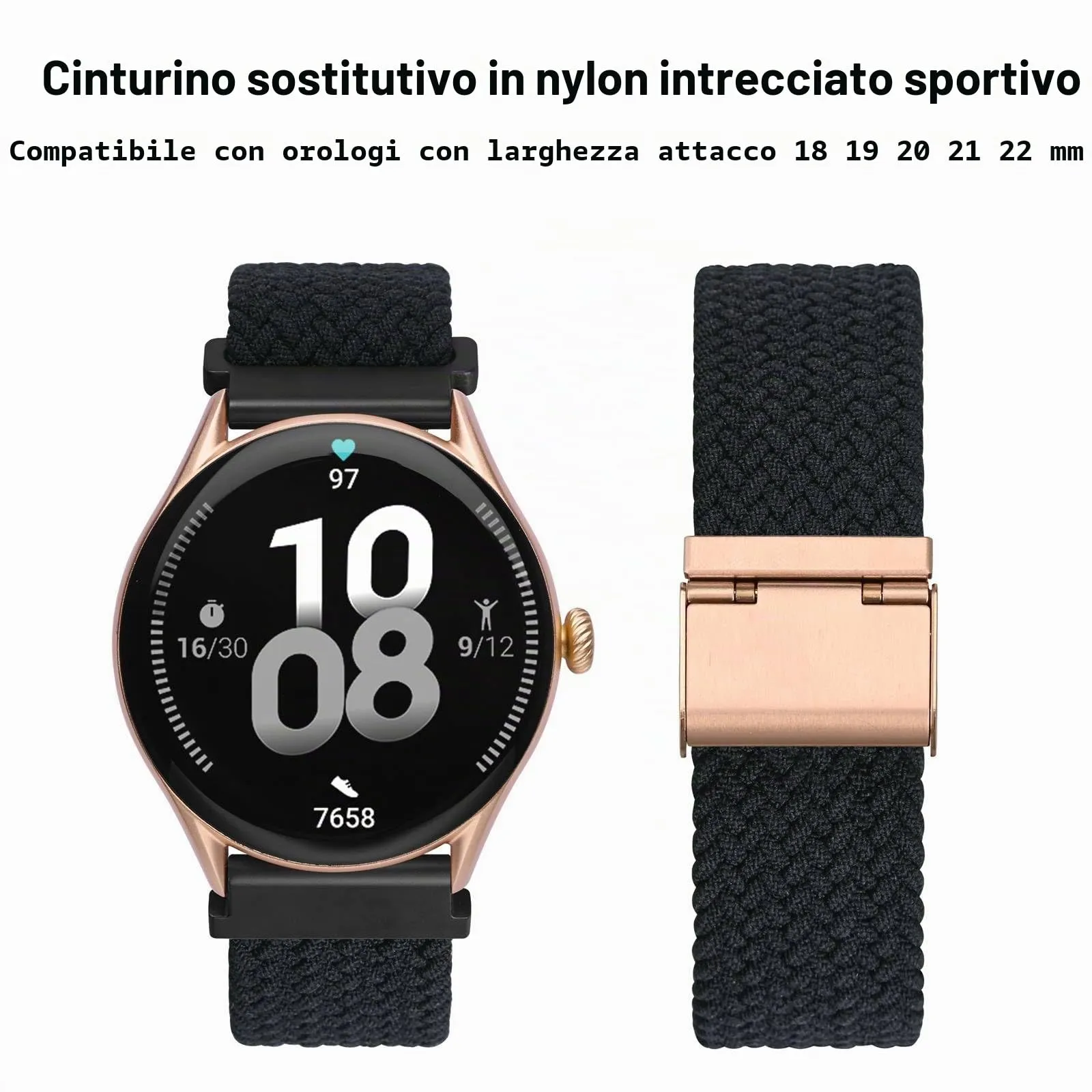 WOCCI 22mm Intrecciato Nylon Cinturino per Orologio da Uomo e da Donna, Regolabile Fibbia Oro Rosa (Nero) - immagine 9