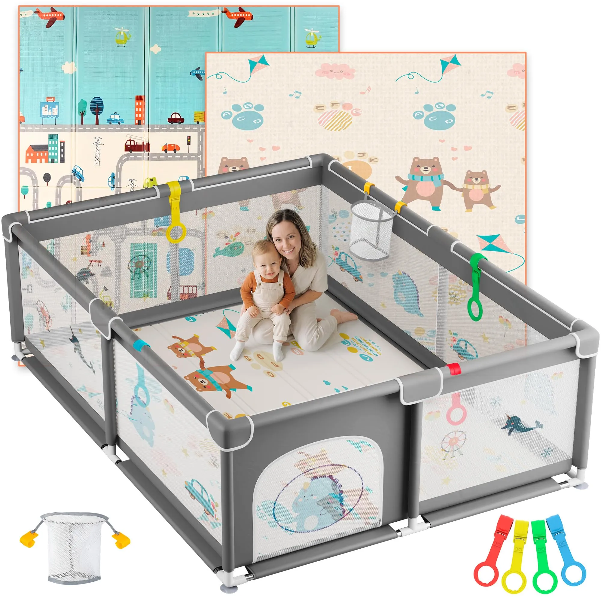 JUPPLIES Box Bambini 150×180 cm – Recinto Gioco per Neonato 6-24 Mesi, Rete Traspirante 360°, Struttura Antiscivolo e Robusta, Facile da Montare (Grigio XL con fantasia + tappeto) - immagine 1