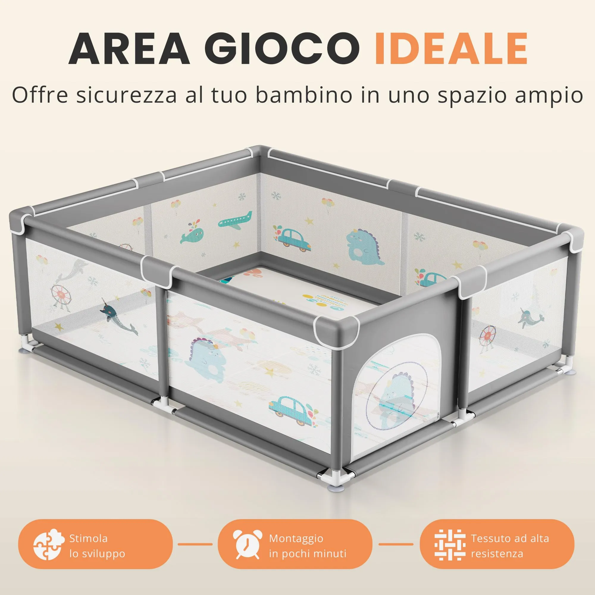 JUPPLIES Box Bambini 150×180 cm – Recinto Gioco per Neonato 6-24 Mesi, Rete Traspirante 360°, Struttura Antiscivolo e Robusta, Facile da Montare (Grigio XL con fantasia + tappeto) - immagine 2