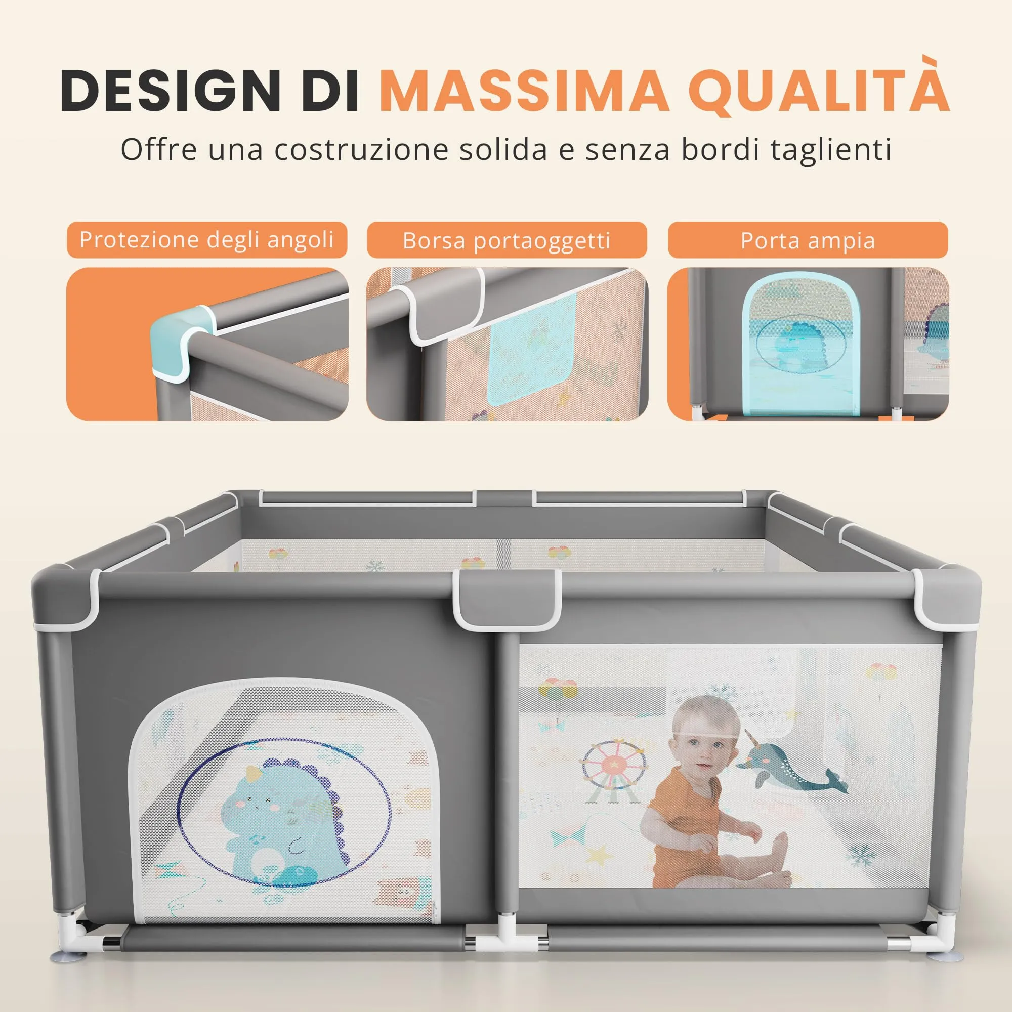 JUPPLIES Box Bambini 150×180 cm – Recinto Gioco per Neonato 6-24 Mesi, Rete Traspirante 360°, Struttura Antiscivolo e Robusta, Facile da Montare (Grigio XL con fantasia + tappeto) - immagine 3