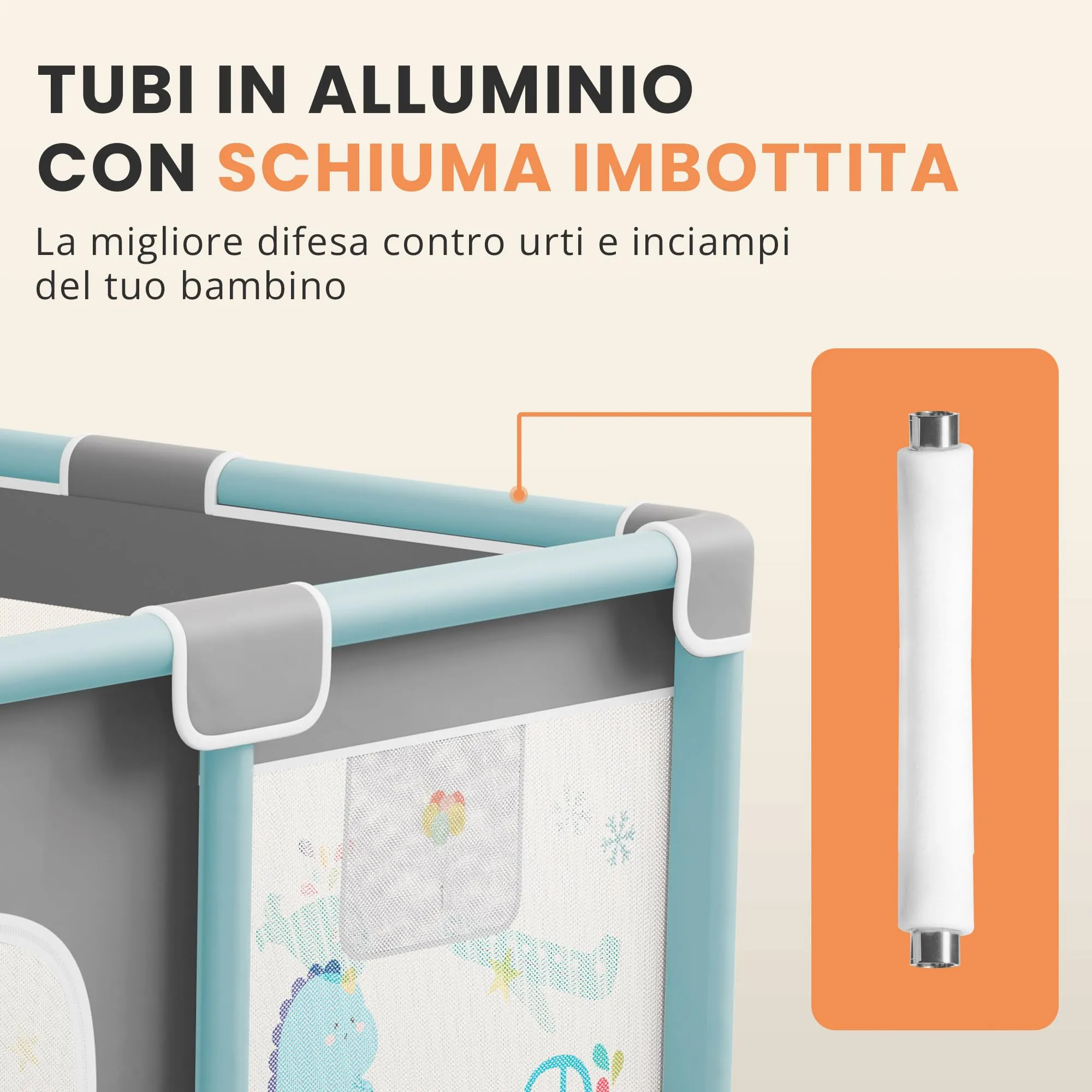 JUPPLIES Box Bambini 150×180 cm – Recinto Gioco per Neonato 6-24 Mesi, Rete Traspirante 360°, Struttura Antiscivolo e Robusta, Facile da Montare (Grigio XL con fantasia + tappeto) - immagine 4