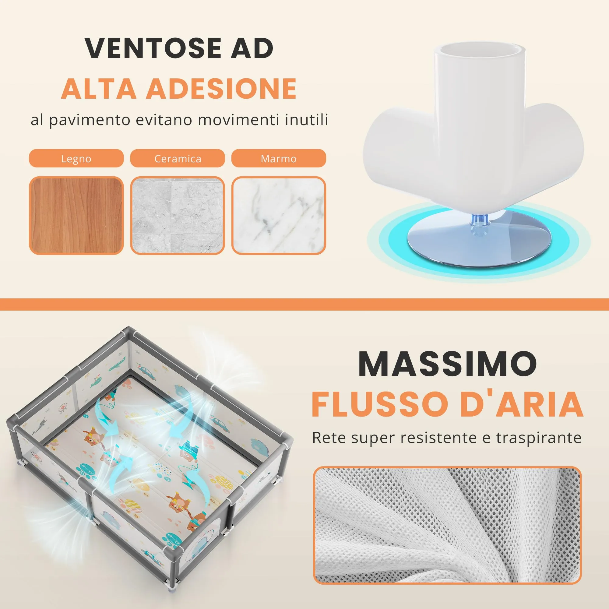 JUPPLIES Box Bambini 150×180 cm – Recinto Gioco per Neonato 6-24 Mesi, Rete Traspirante 360°, Struttura Antiscivolo e Robusta, Facile da Montare (Grigio XL con fantasia + tappeto) - immagine 5