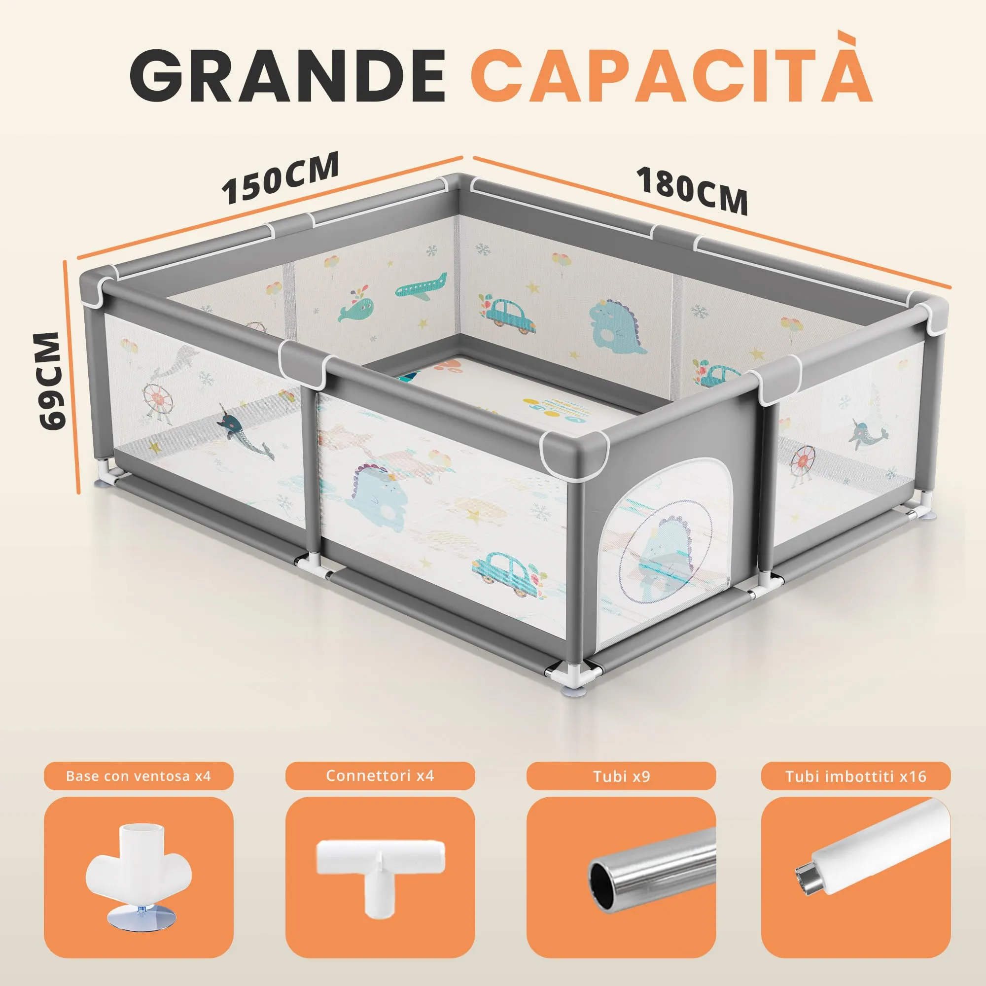 JUPPLIES Box Bambini 150×180 cm – Recinto Gioco per Neonato 6-24 Mesi, Rete Traspirante 360°, Struttura Antiscivolo e Robusta, Facile da Montare (Grigio XL con fantasia + tappeto) - immagine 7