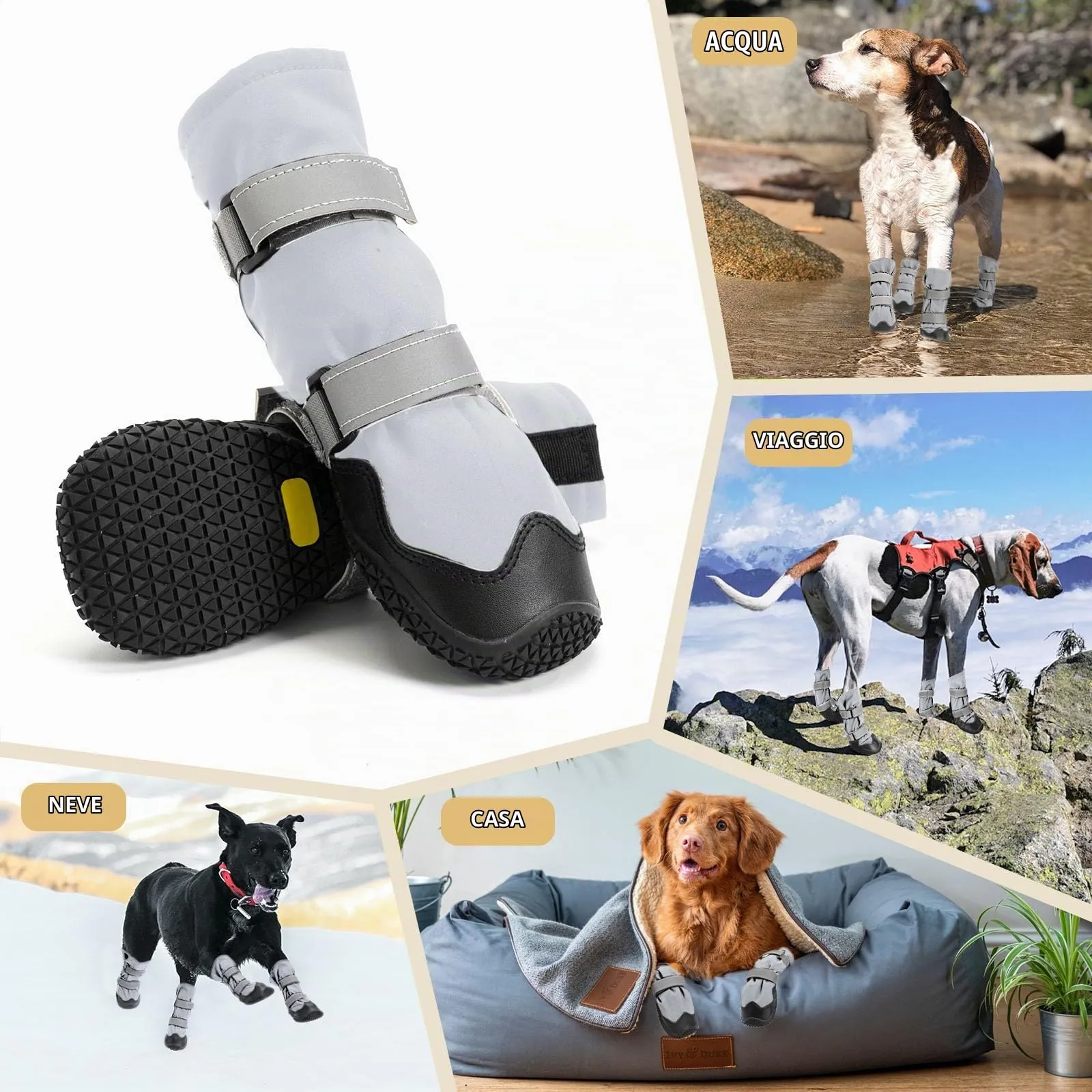 OHCOZZY Scarpette Cane Antiscivolo con Cinghie Riflettenti, Alti Stivali per Cani Impermeabili, Resistenti all'Usura, Suola in Gomma per Cani per Cani Piccoli Medi Grandi 4 Pezzi(S, Grigio) - immagine 5