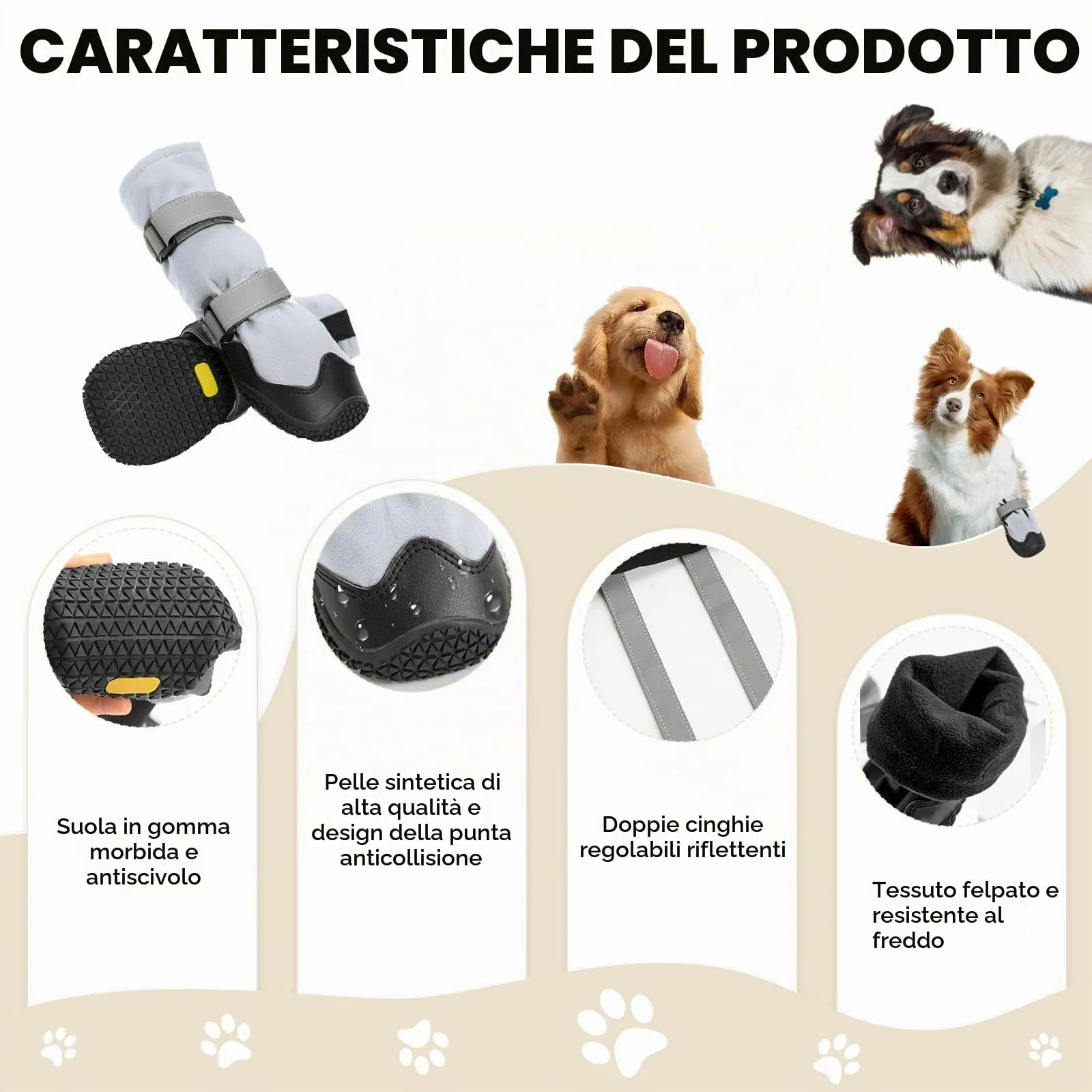 OHCOZZY Scarpette Cane Antiscivolo con Cinghie Riflettenti, Alti Stivali per Cani Impermeabili, Resistenti all'Usura, Suola in Gomma per Cani per Cani Piccoli Medi Grandi 4 Pezzi(M, Grigio) - immagine 2