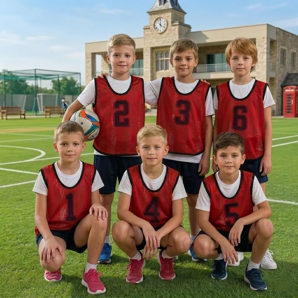 A2Z 4 Bambini 6 Confezione Bavaglini Allenamento Gilet Sportivi Comodo Traspirante Numero - Sports Bibs 762 Red 4-8 - immagine 2