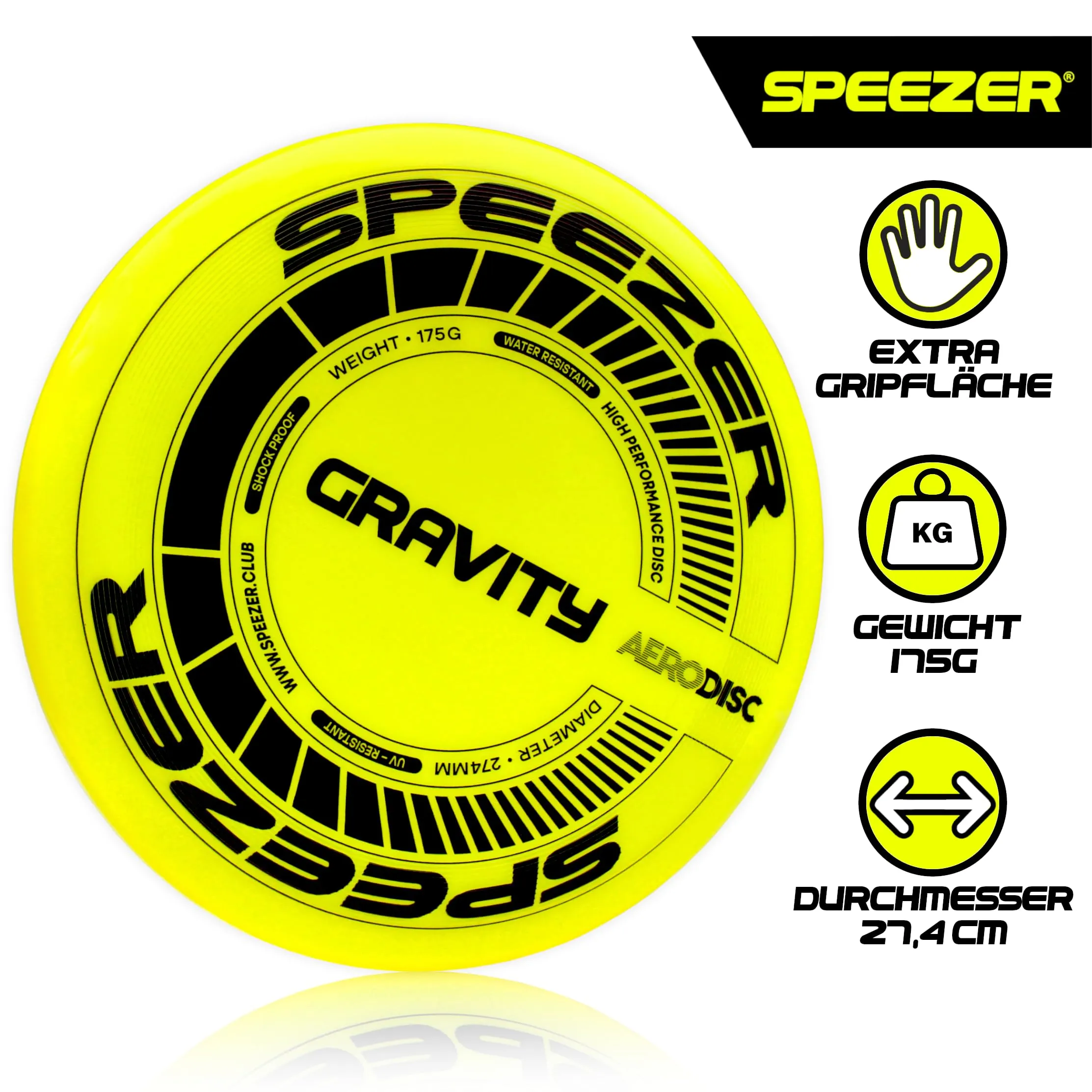 SPEEZER® Gravity Frisbee 175 g – Il disco da lancio professionale giallo neon è il gioco all'aperto divertente – disco frisbee per bambini adulti – Ultimate Flying Disc giocattolo da spiaggia - immagine 2
