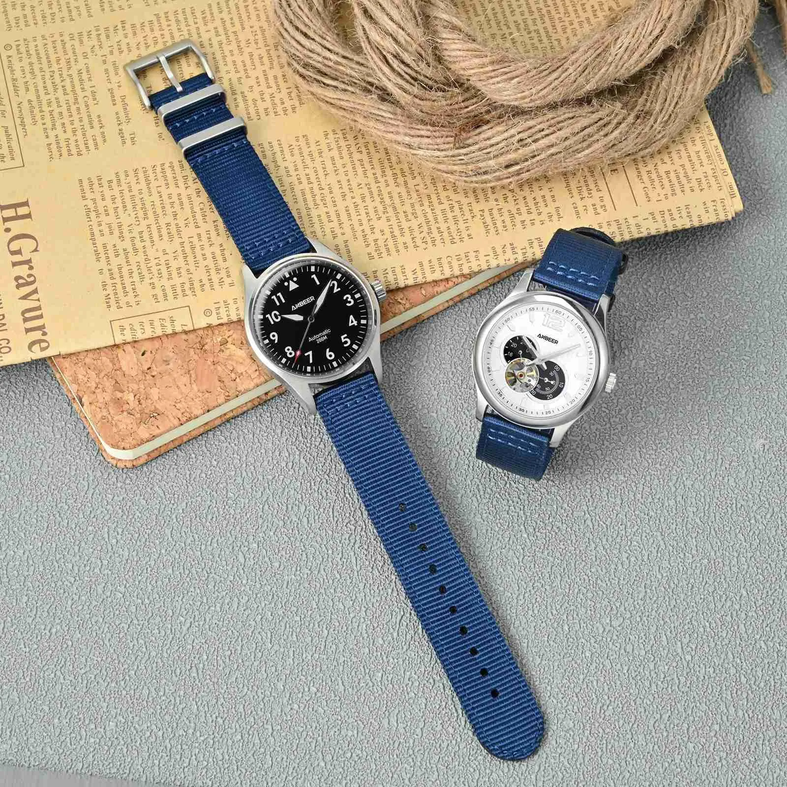 ANBEER 24mm Cinturino in nylon a sgancio rapido in due pezzi con passante in metallo, cinturino in nylon intrecciato a doppio strato,Blu Fibbia nera - immagine 7
