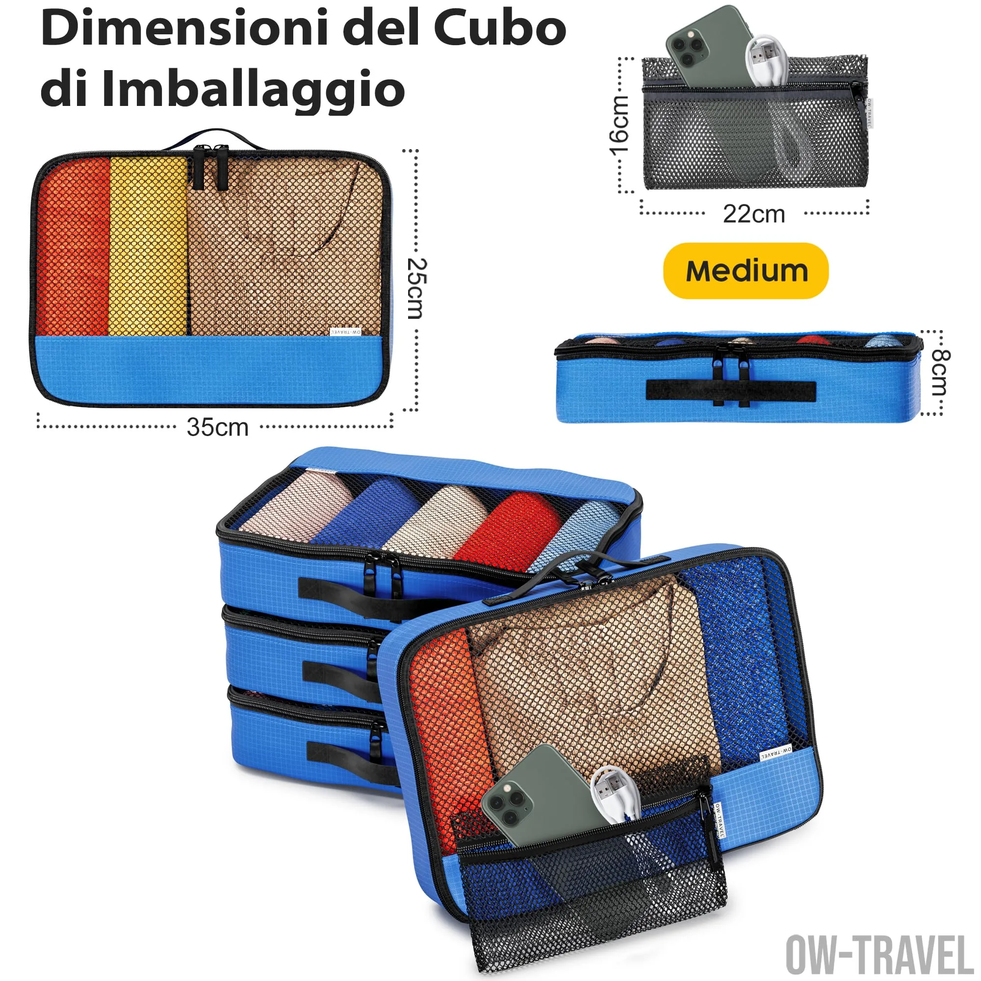 OW-Travel Organizer Valigia, Packing Cubes, Cubi Viaggio, Blu M 5 Pezzi - immagine 4