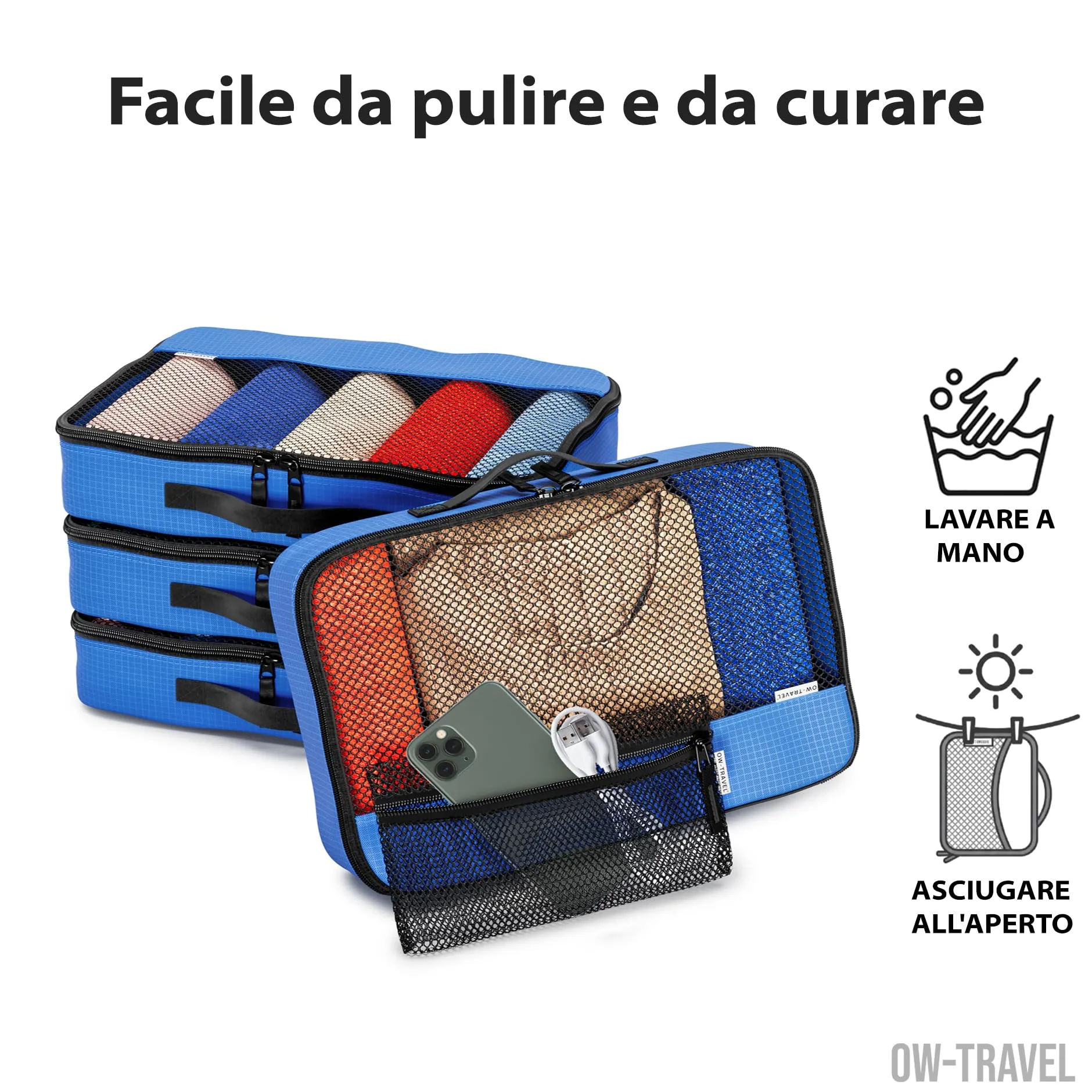 OW-Travel Organizer Valigia, Packing Cubes, Cubi Viaggio, Blu M 5 Pezzi - immagine 9
