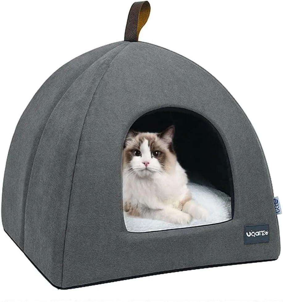 Voarge Letto morbido e caldo per gatti, peluche con cuscino interno estraibile e lavabile, grigio, medio - immagine 1