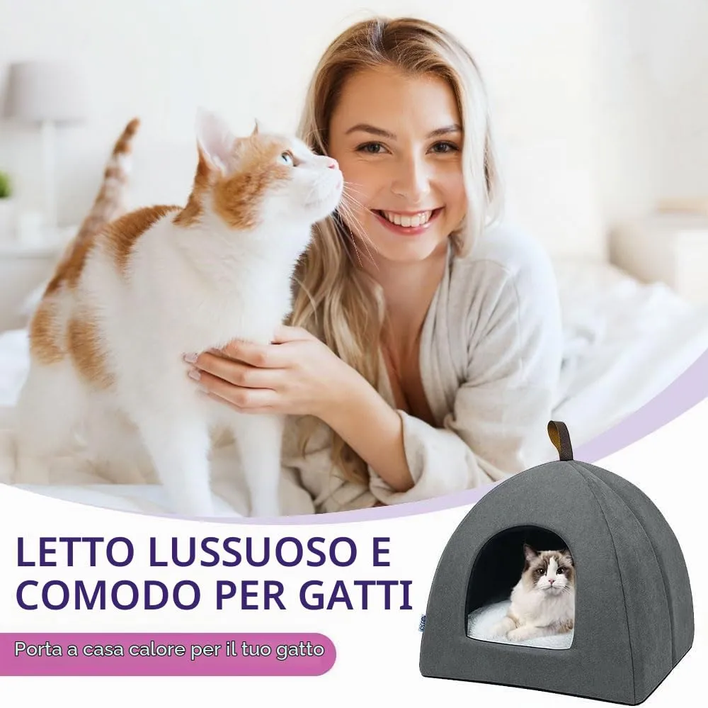 Voarge Letto morbido e caldo per gatti, peluche con cuscino interno estraibile e lavabile, grigio, medio - immagine 3