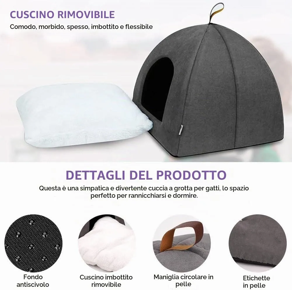 Voarge Letto morbido e caldo per gatti, peluche con cuscino interno estraibile e lavabile, grigio, medio - immagine 5
