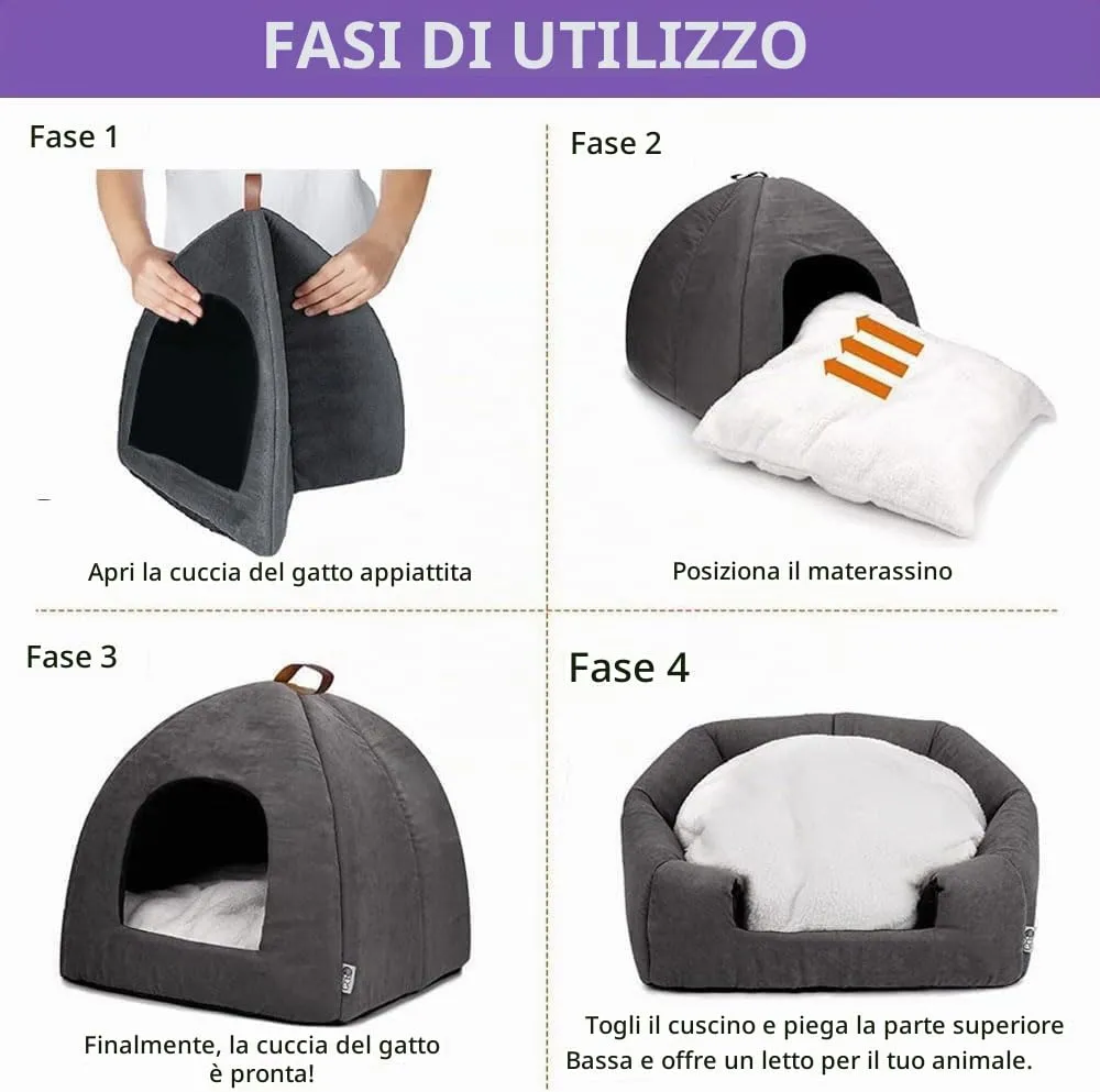 Voarge Letto morbido e caldo per gatti, peluche con cuscino interno estraibile e lavabile, grigio, medio - immagine 6