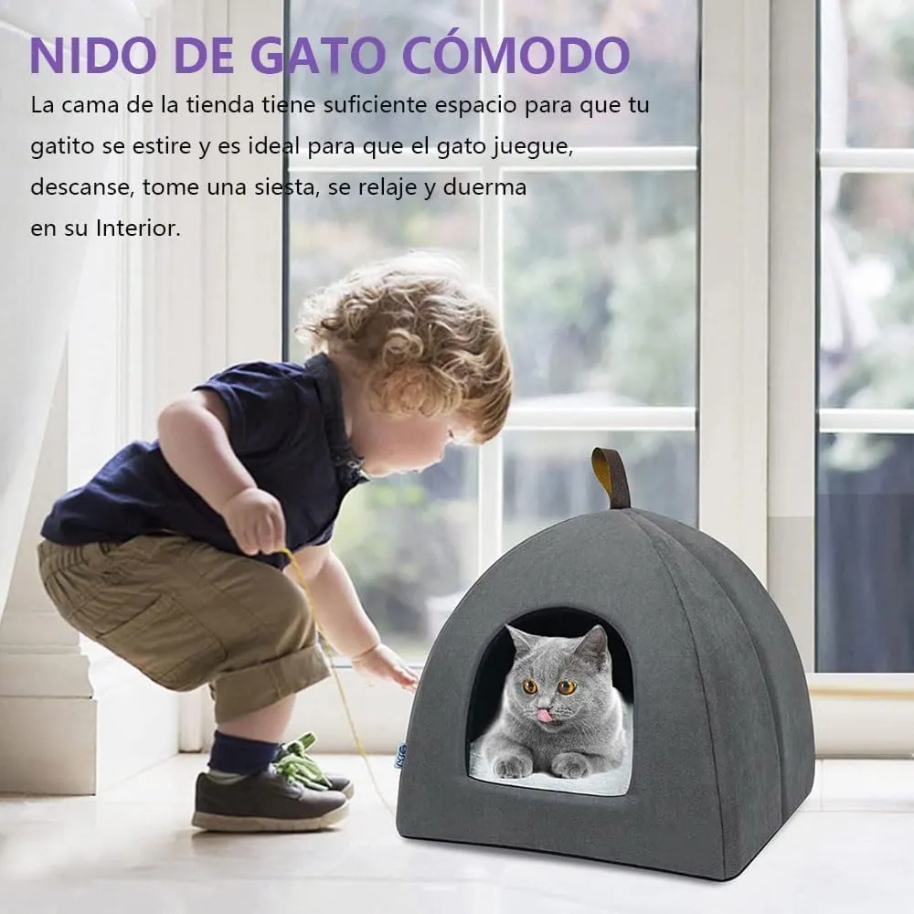 Voarge Letto morbido e caldo per gatti, peluche con cuscino interno estraibile e lavabile, grigio, medio - immagine 7