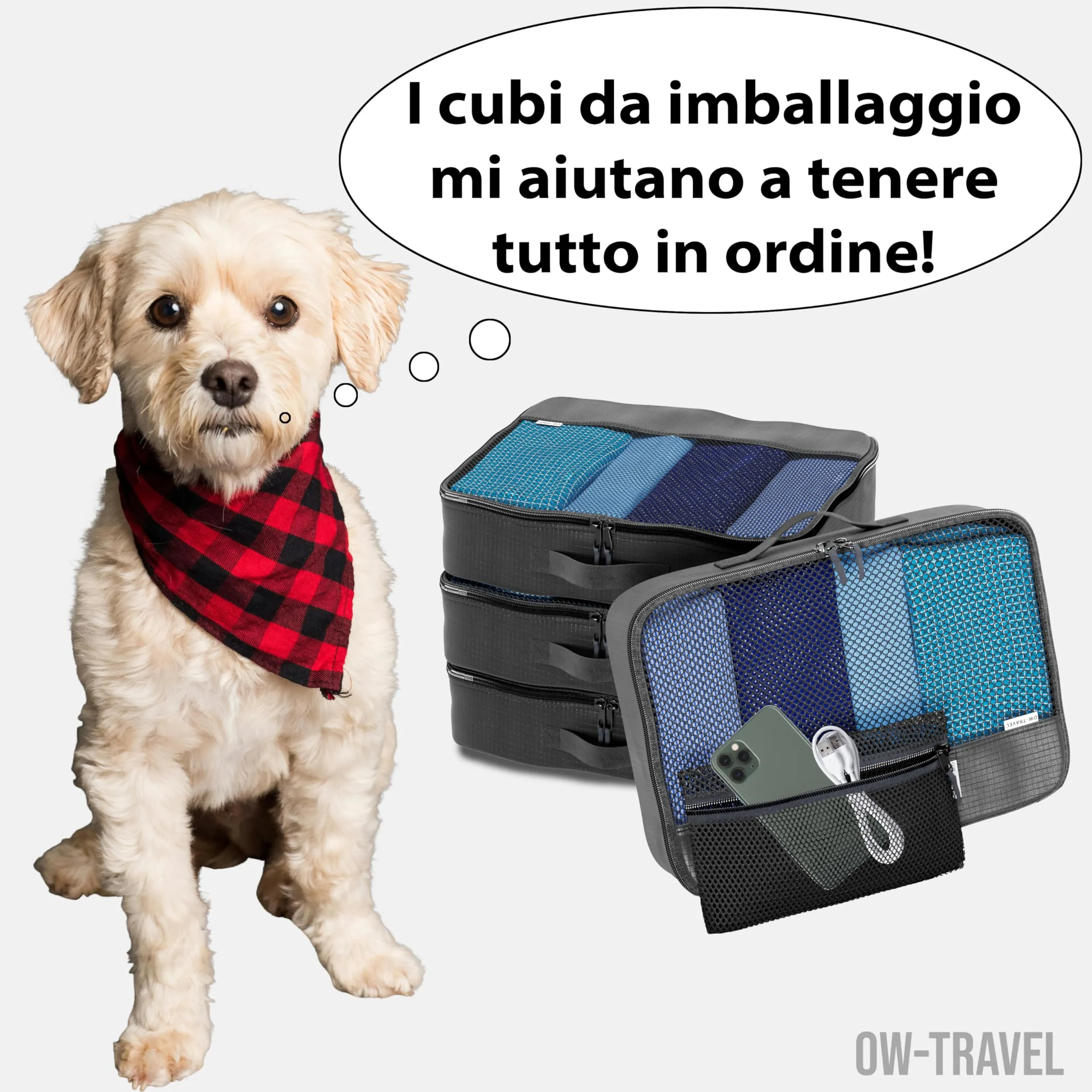 OW-Travel Organizer Valigia, Packing Cubes, Cubi Viaggio, Nero M 5 Pezzi - immagine 2