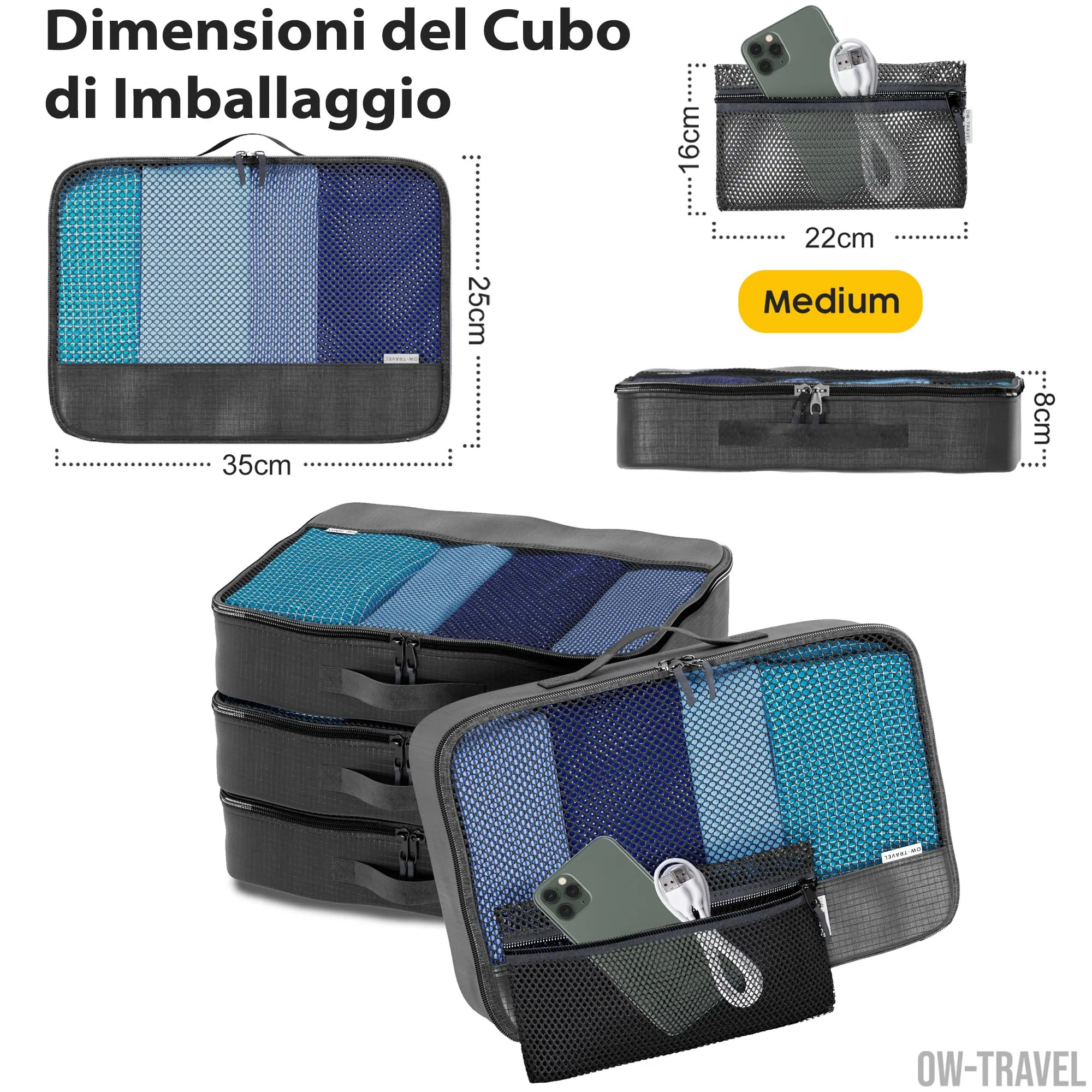 OW-Travel Organizer Valigia, Packing Cubes, Cubi Viaggio, Nero M 5 Pezzi - immagine 4