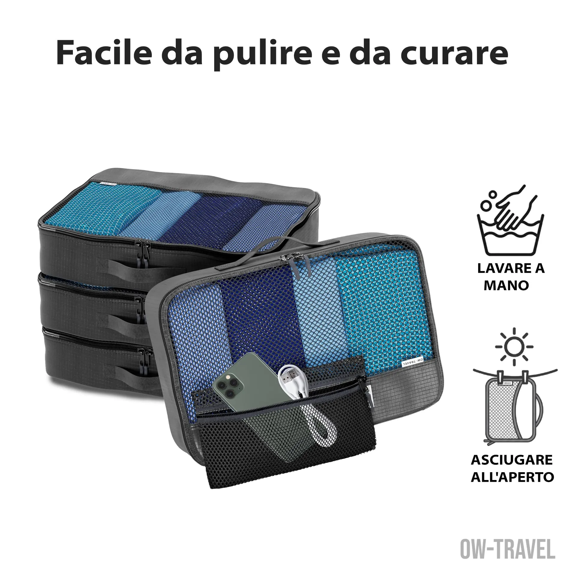 OW-Travel Organizer Valigia, Packing Cubes, Cubi Viaggio, Nero M 5 Pezzi - immagine 9
