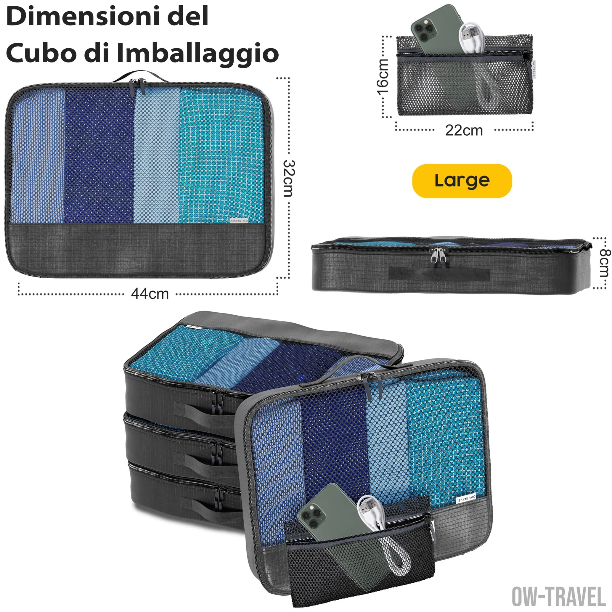 OW-Travel Organizer Valigia, Packing Cubes, Cubi Viaggio, Nero L 5 Pezzi - immagine 4