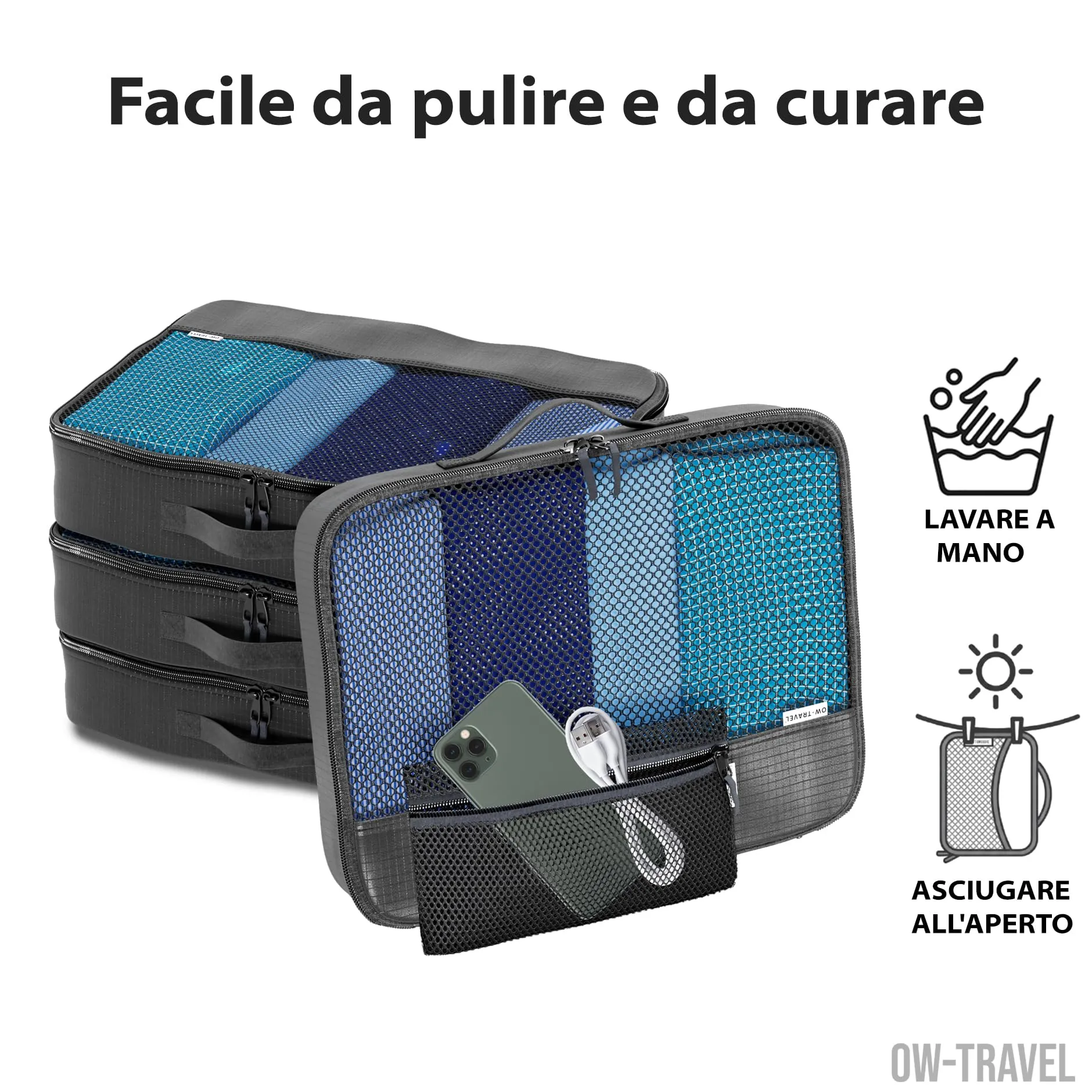OW-Travel Organizer Valigia, Packing Cubes, Cubi Viaggio, Nero L 5 Pezzi - immagine 9