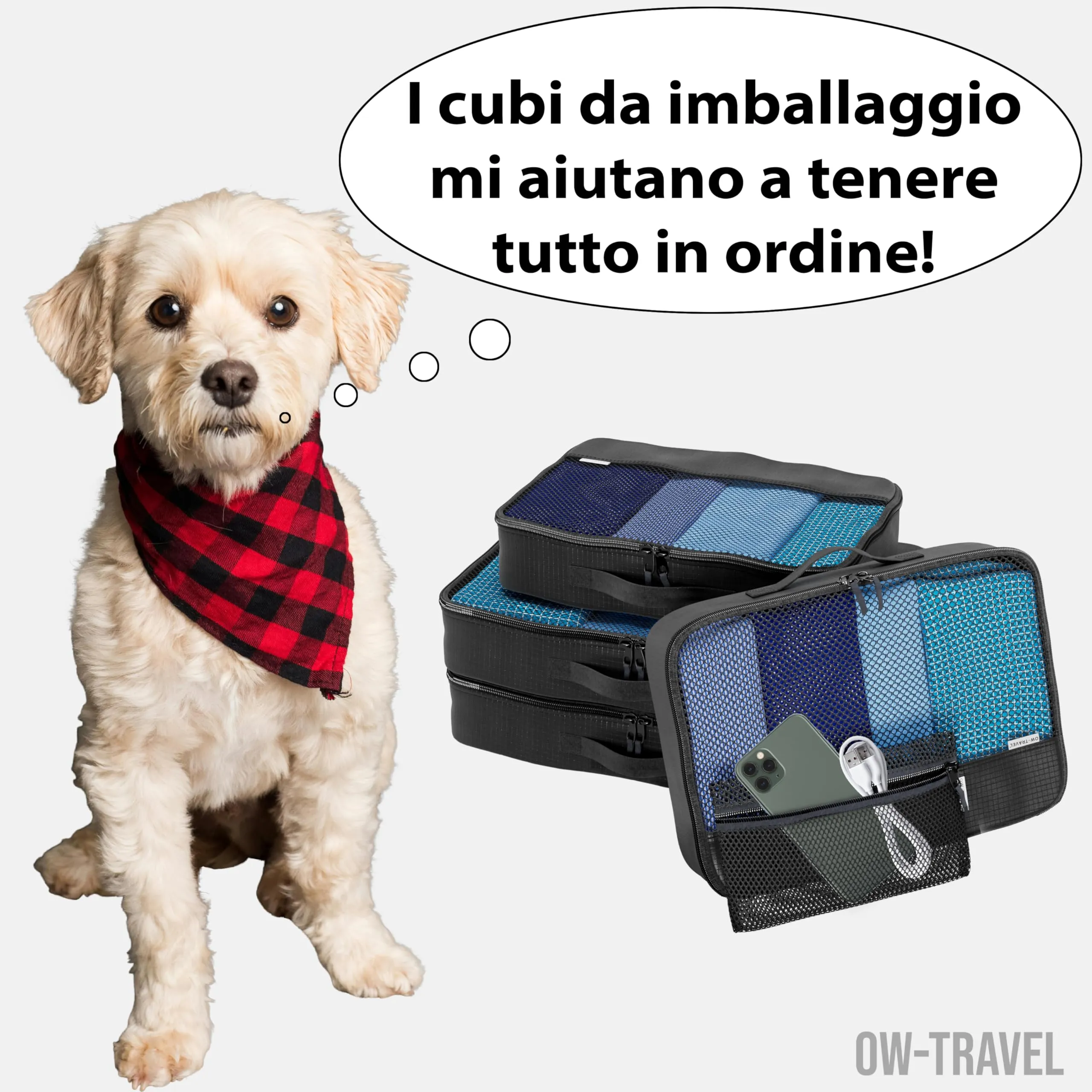 OW-Travel Organizer Valigia, Packing Cubes, Cubi Viaggio, Nero M/L 5 Pezzi - immagine 2