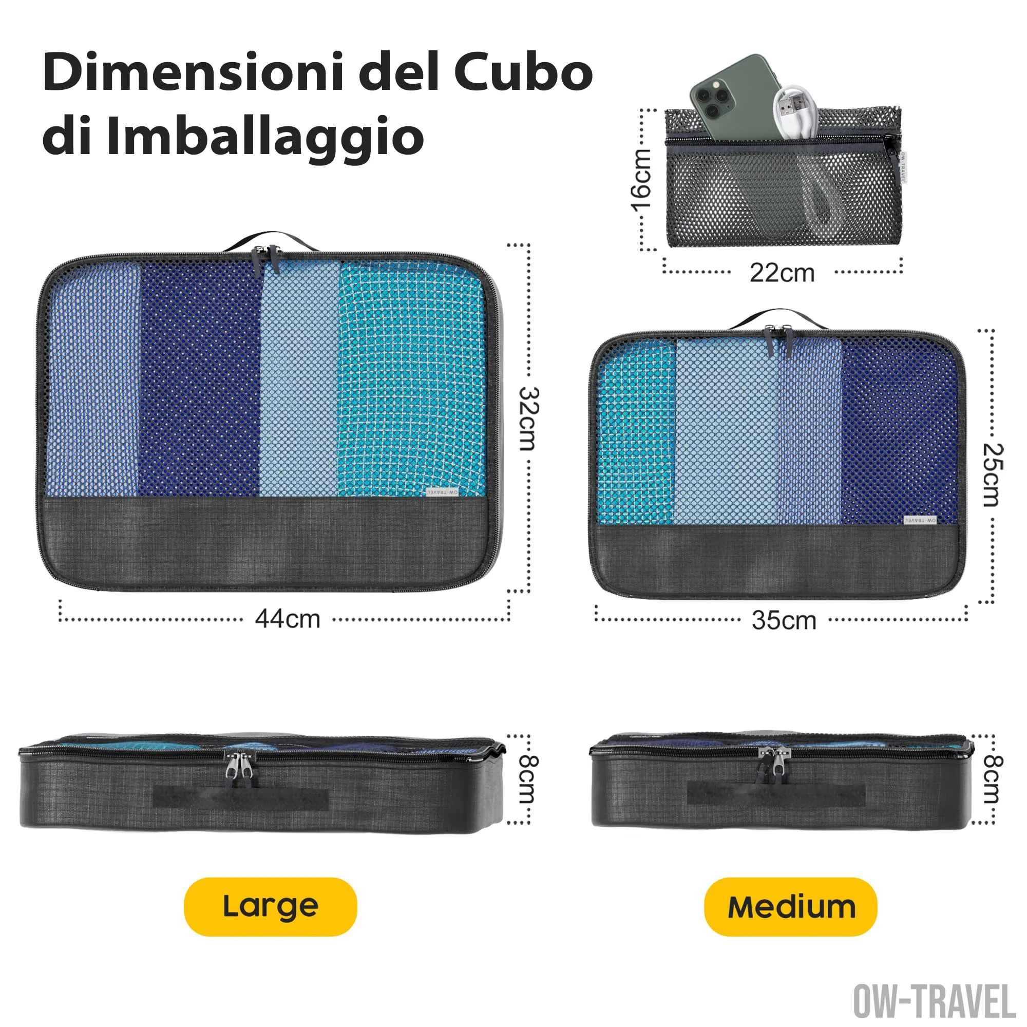OW-Travel Organizer Valigia, Packing Cubes, Cubi Viaggio, Nero M/L 5 Pezzi - immagine 4