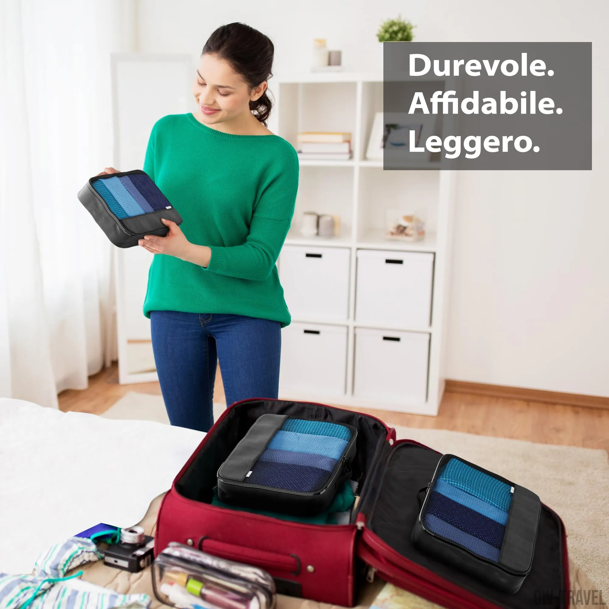 OW-Travel Organizer Valigia, Packing Cubes, Cubi Viaggio, Nero M/L 5 Pezzi - immagine 6