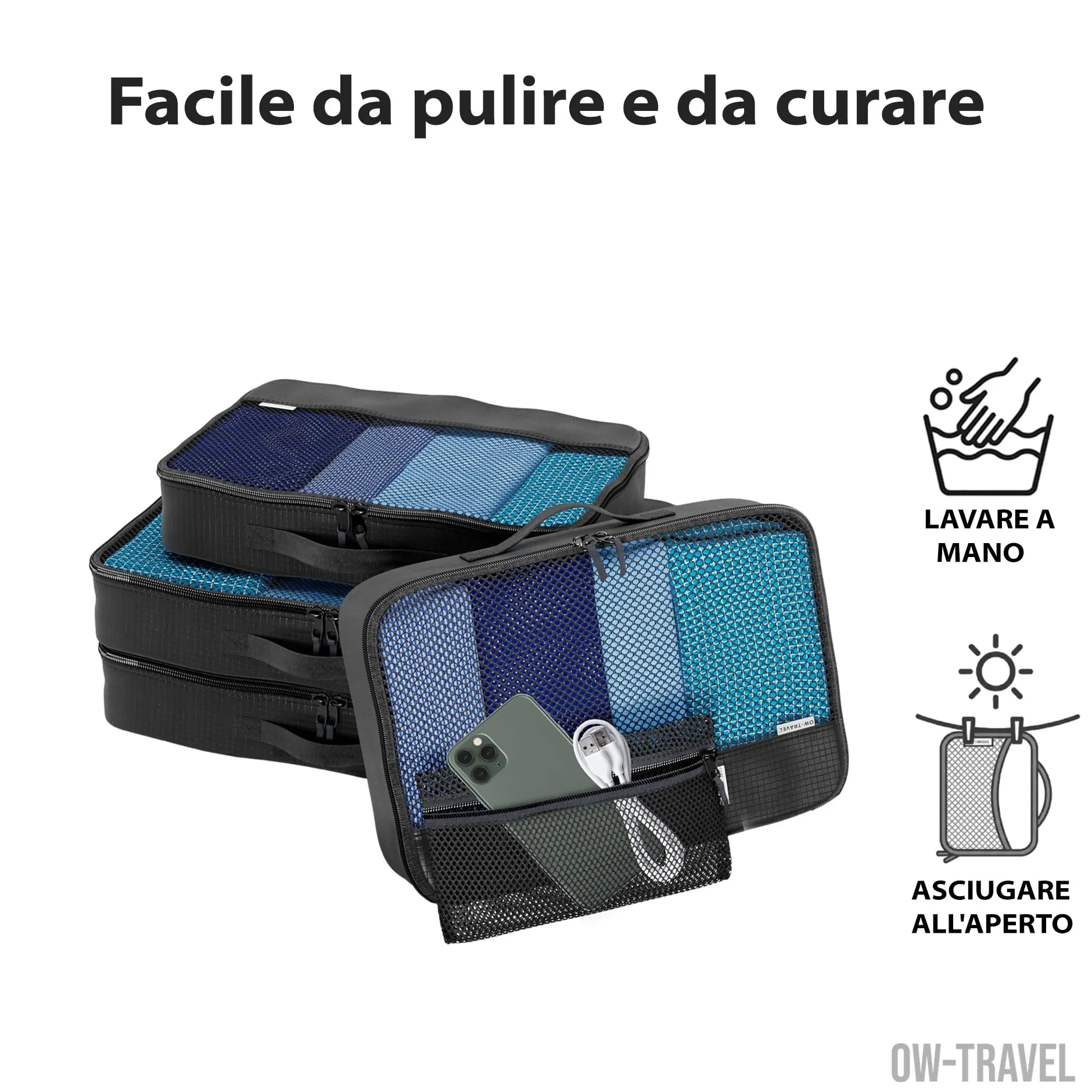 OW-Travel Organizer Valigia, Packing Cubes, Cubi Viaggio, Nero M/L 5 Pezzi - immagine 9
