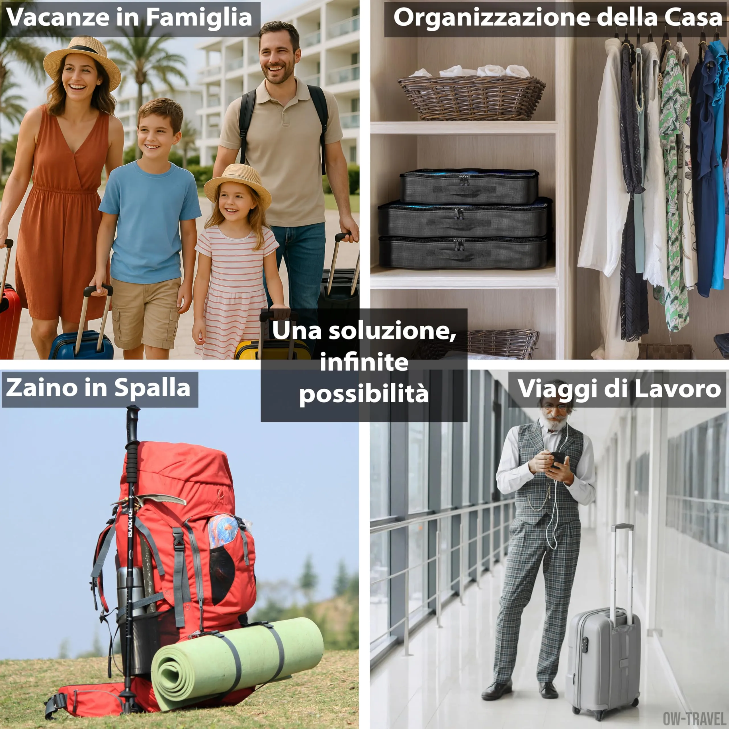 OW-Travel Organizer Valigia, Packing Cubes, Cubi Viaggio, Nero M/L 5 Pezzi - immagine 10