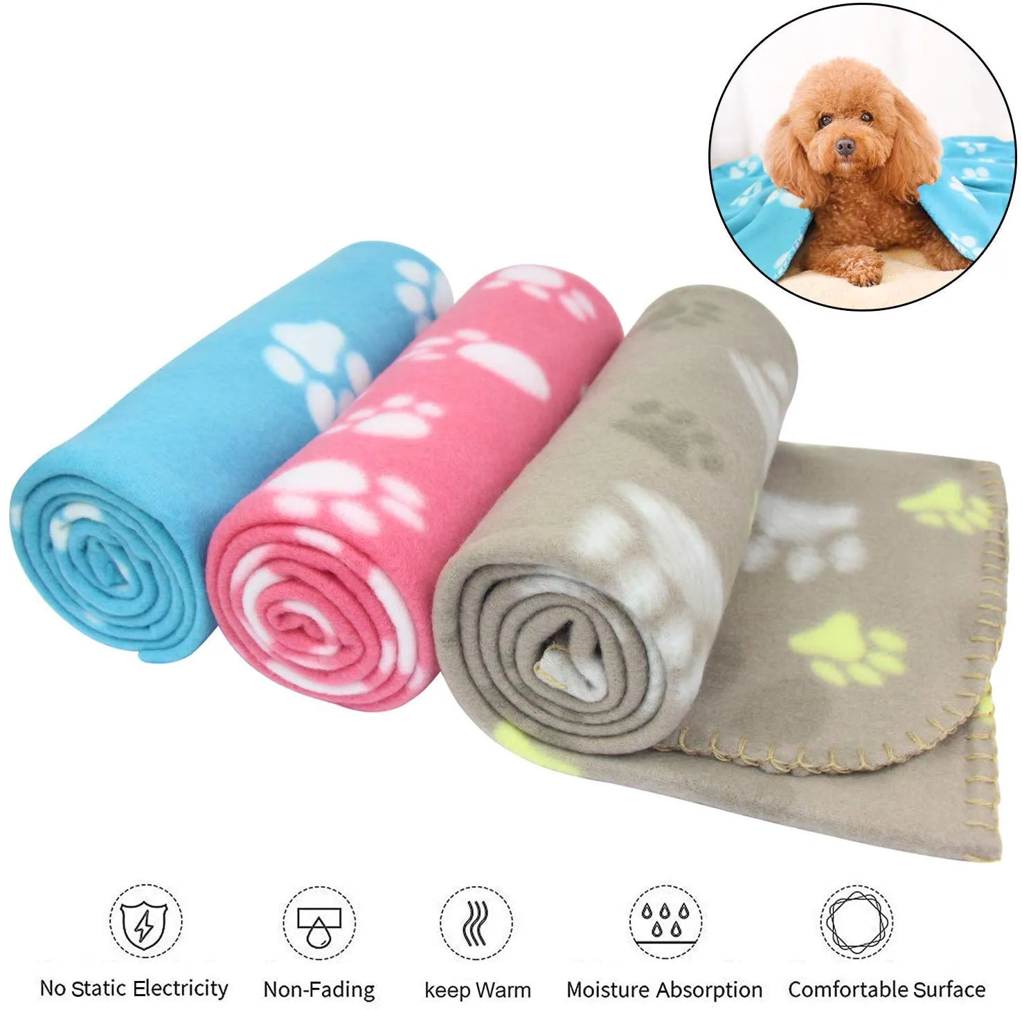 YIQI Coperta per Animali Domestici con Stampa a Zampa per Cane o Gatto, Finitura Morbida, Coperta Invernale per Uso Pesante, Zampa Stampata 3 Pezzi Colore Casuale(60 x 70 cm) - immagine 2