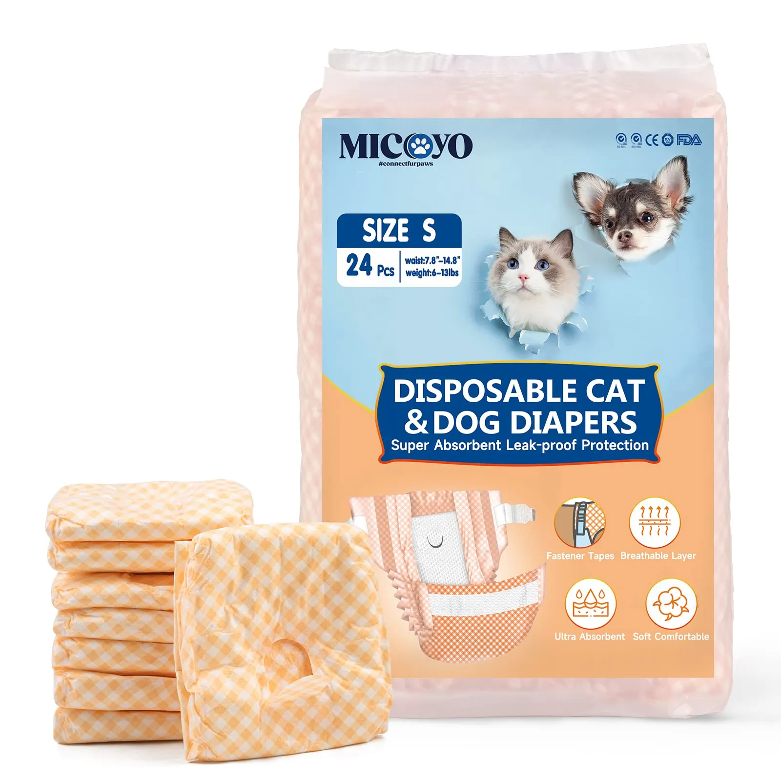 MICOOYO Pannolini usa e getta per gatti e gatti, super assorbenti per gatti di piccola taglia, cani femminili, pannolini usa e getta per gatti femminili in calore (arancione, S) - immagine 1
