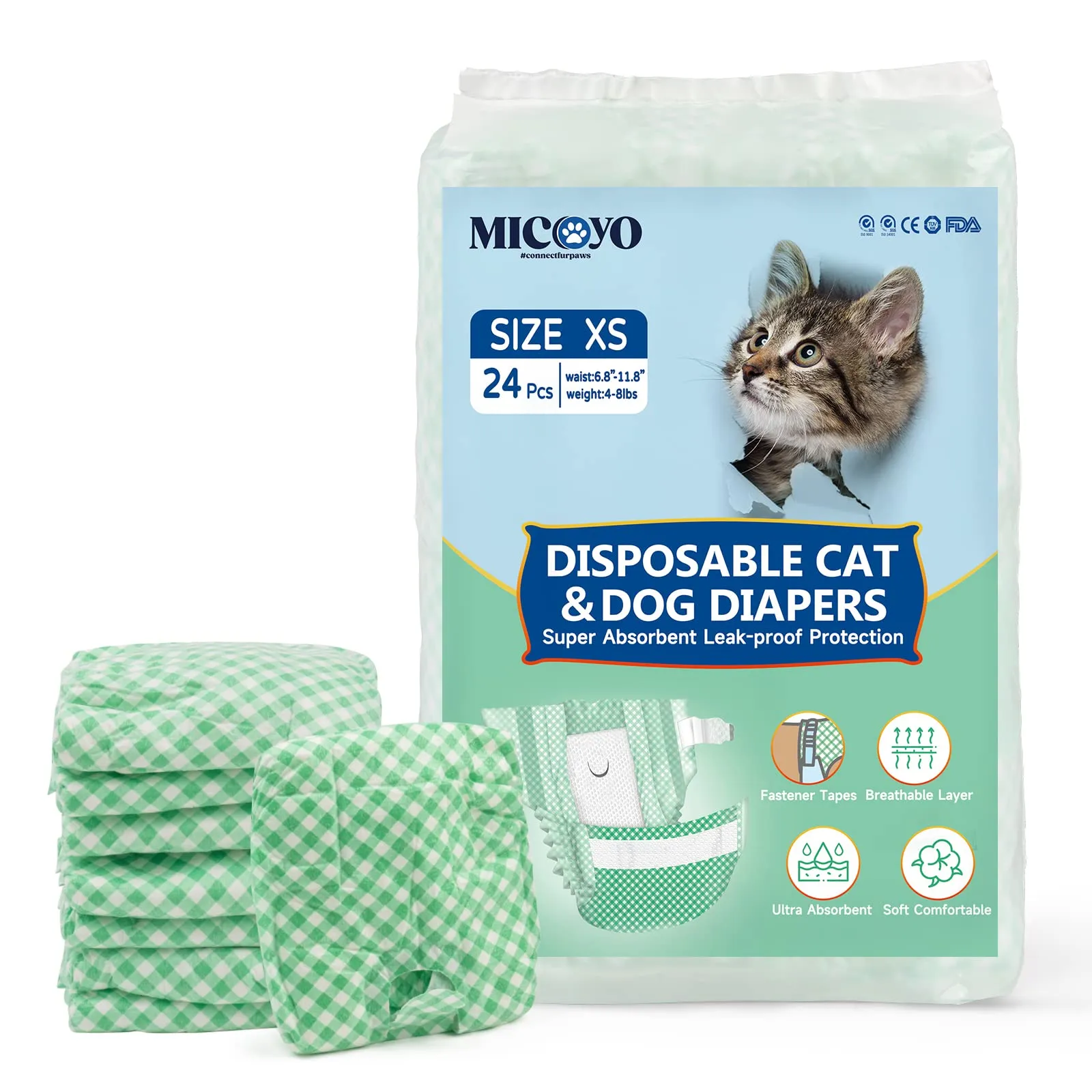 MICOOYO Pannolini usa e getta per cuccioli di gatto, super assorbenti, per cani femmina di piccola taglia, in vita regolabile, a prova di perdite, per gatti con calore, incontinenza, 24 pezzi (verde - immagine 1