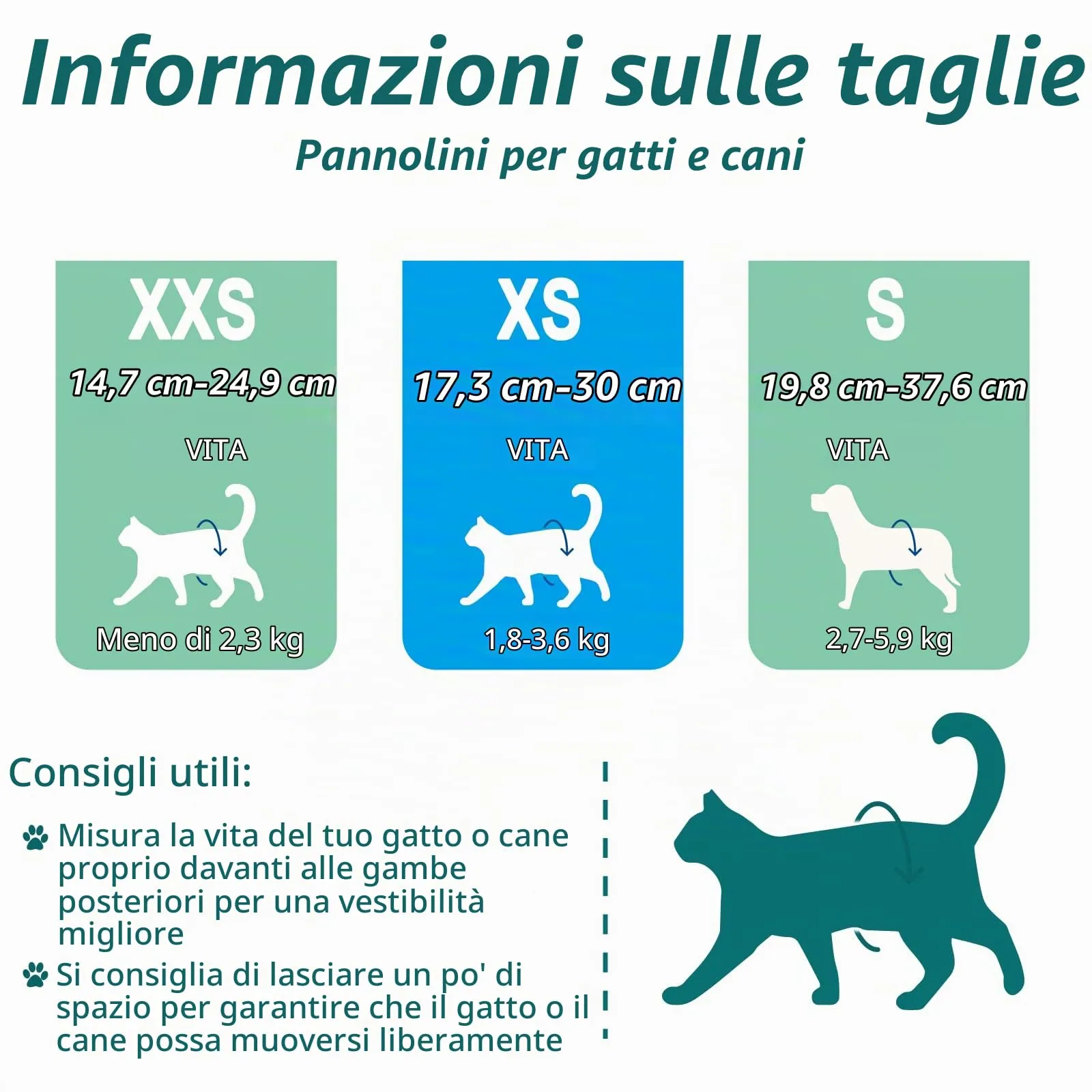 MICOOYO Pannolini usa e getta per cuccioli di gatto, super assorbenti, per cani femmina di piccola taglia, in vita regolabile, a prova di perdite, per gatti con calore, incontinenza, 24 pezzi (verde - immagine 2