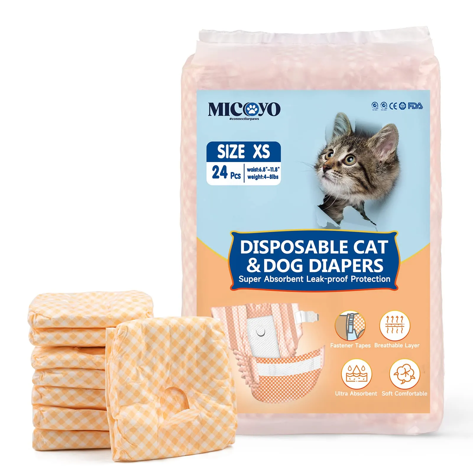 MICOOYO Pannolini usa e getta per cani femmina, super assorbenti, per gatti e cani di piccola taglia, pannolini per gatti a prova di perdite per donne in calore (arancione, XS, 24 pezzi) - immagine 1