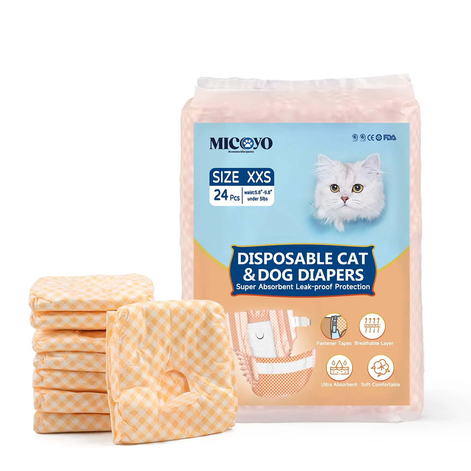 MICOOYO - Pannolini usa e getta per cuccioli di gatto, super assorbenti, per cani femmina di piccola taglia, in vita regolabile, a prova di perdite, per gatti con calore, incontinenza, 24 pezzi - immagine 1