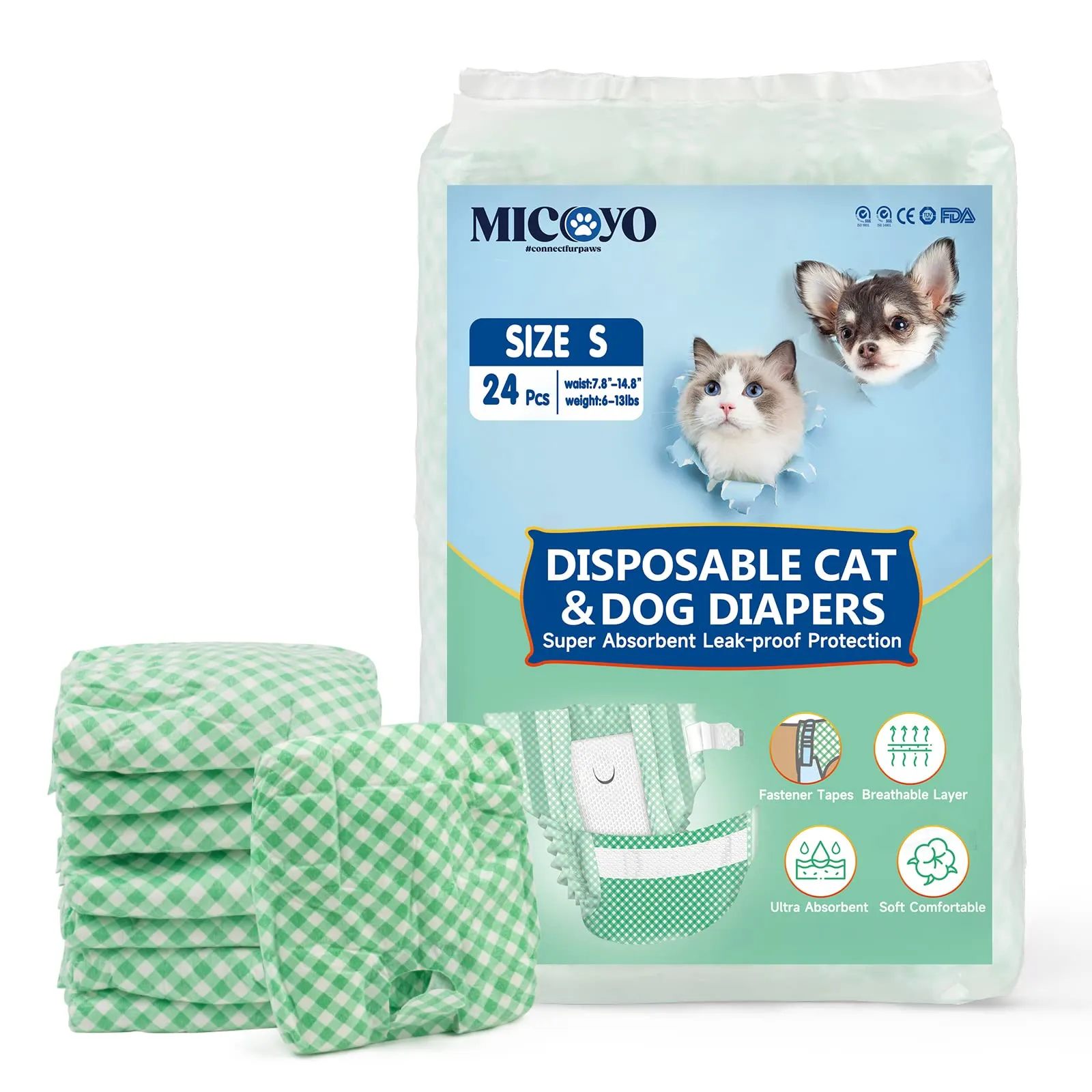 MICOOYO Pannolini usa e getta per gatti e gatti, super assorbenti per gatti di piccola taglia, cani femminili, pannolini usa e getta per gatti femminili in calore (verde, S) - immagine 1