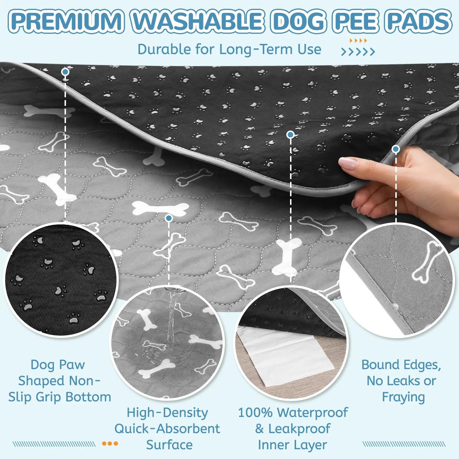 Baodan Cuscinetti lavabili per cani, grandi, confezione da 2 pezzi, 91,4 x 121,9 cm, lavabili, impermeabili, riutilizzabili, ad assorbimento rapido, per addestramento al vasino, cuscinetti per parto - immagine 4