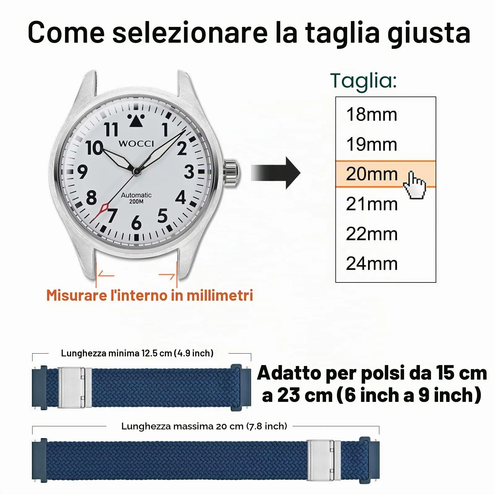 WOCCI 20mm Intrecciato Nylon Cinturino per Orologio da Uomo e da Donna, Regolabile Fibbia Argento (Blu) - immagine 4