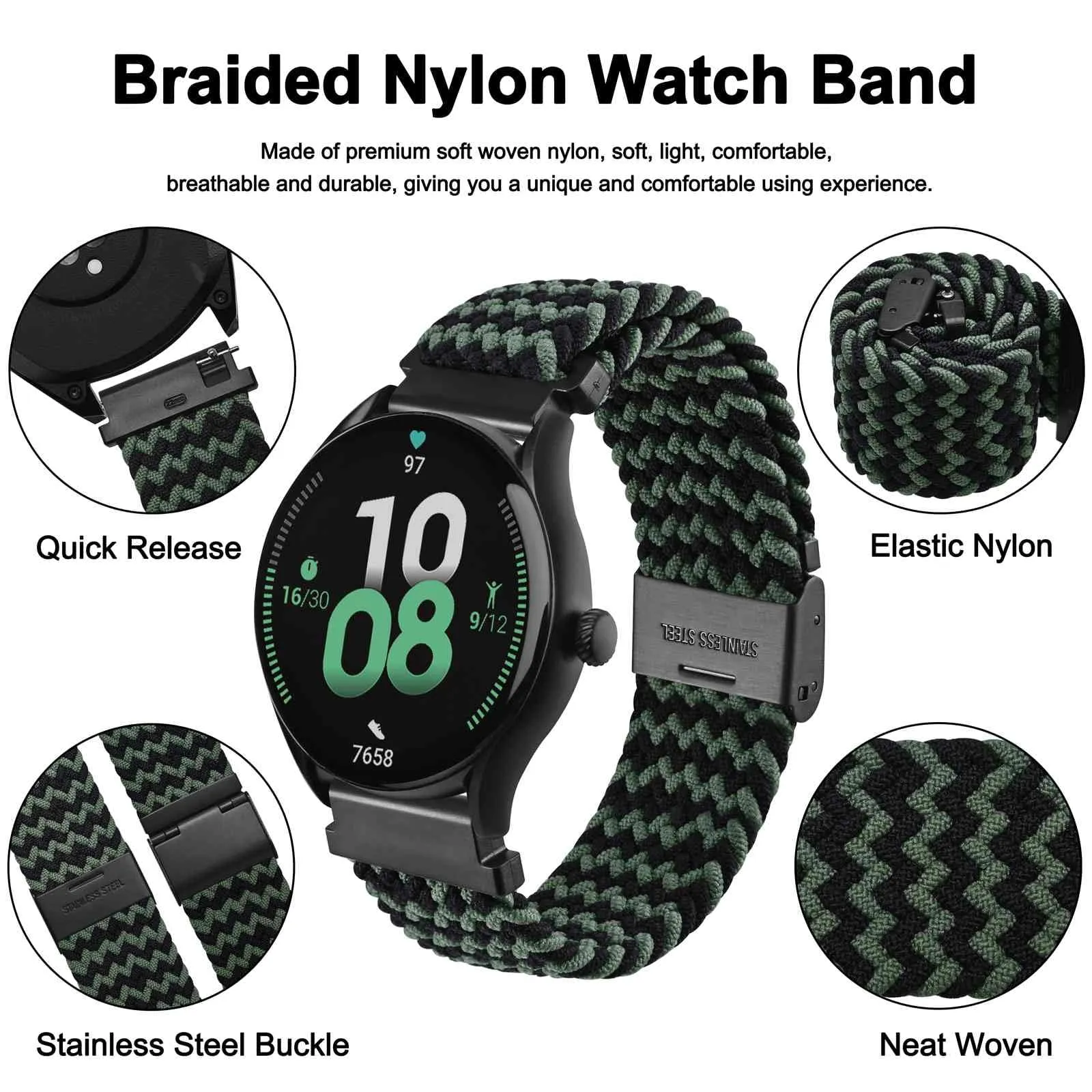 WOCCI 22mm Intrecciato Nylon Cinturino per Orologio da Uomo e da Donna, Regolabile Fibbia Nera (Verde Nero) - immagine 3