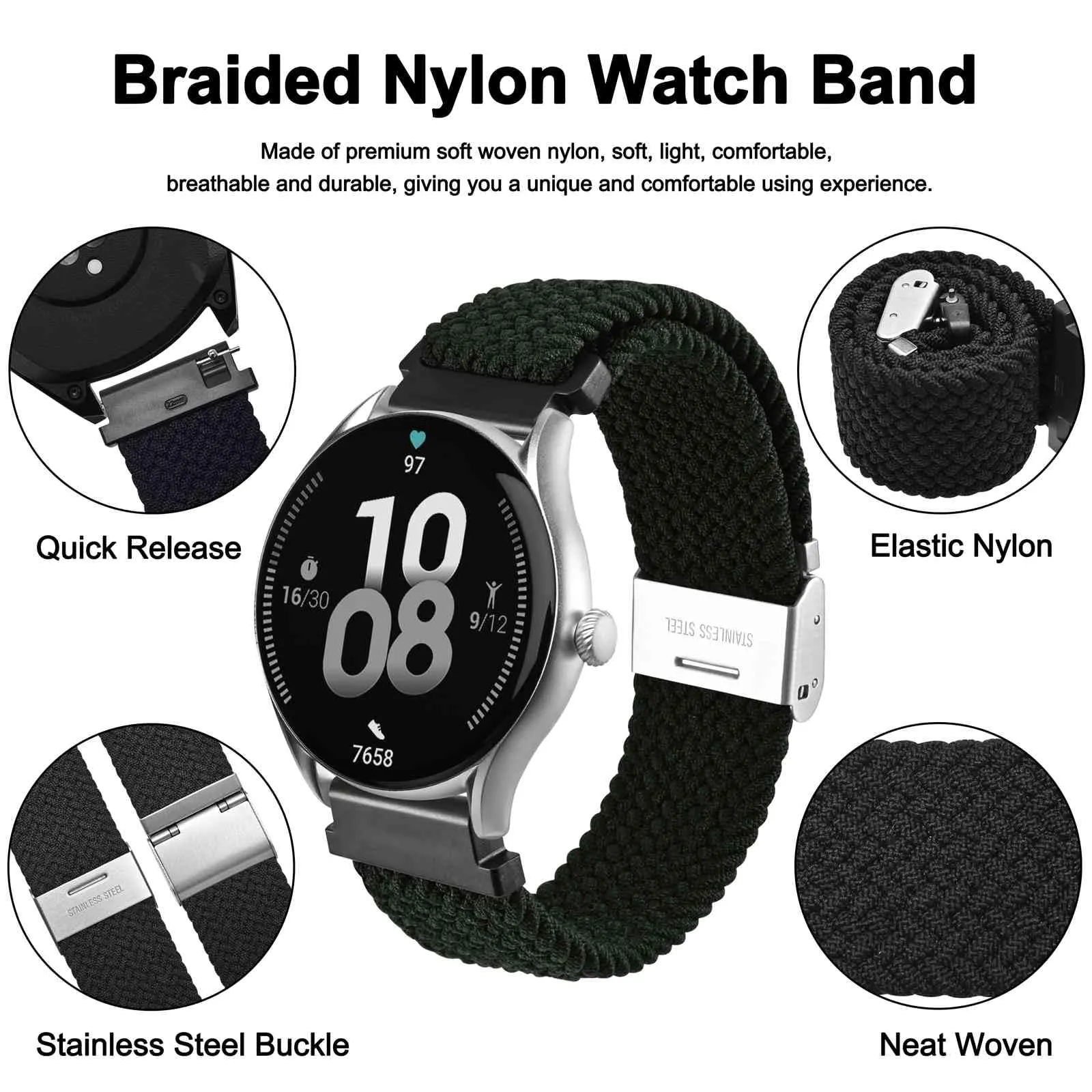 WOCCI 19mm Intrecciato Nylon Cinturino per Orologio da Uomo e da Donna, Regolabile Fibbia Argento (Nero) - immagine 3