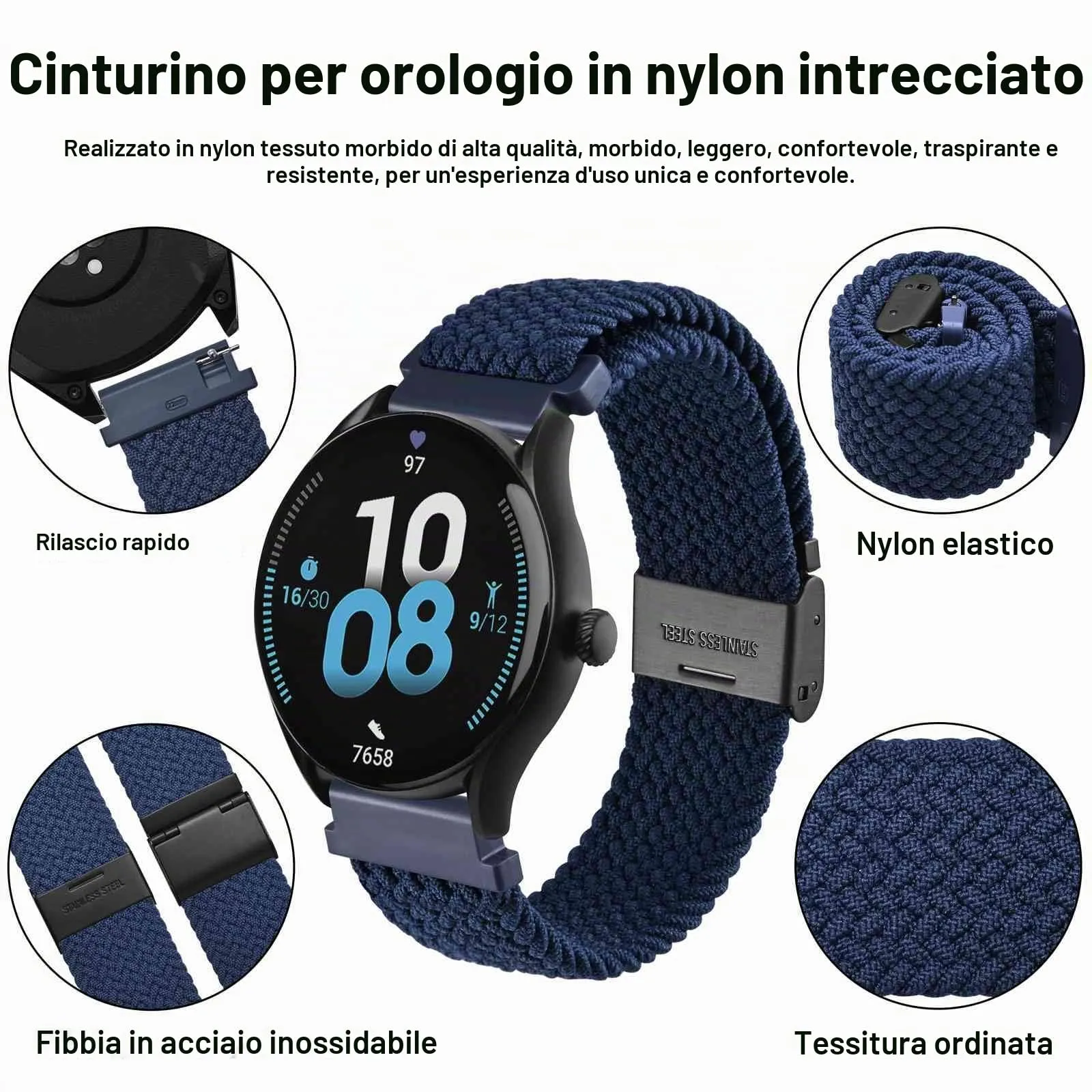 WOCCI 20mm Intrecciato Nylon Cinturino per Orologio da Uomo e da Donna, Regolabile Fibbia Nera (Blu) - immagine 3