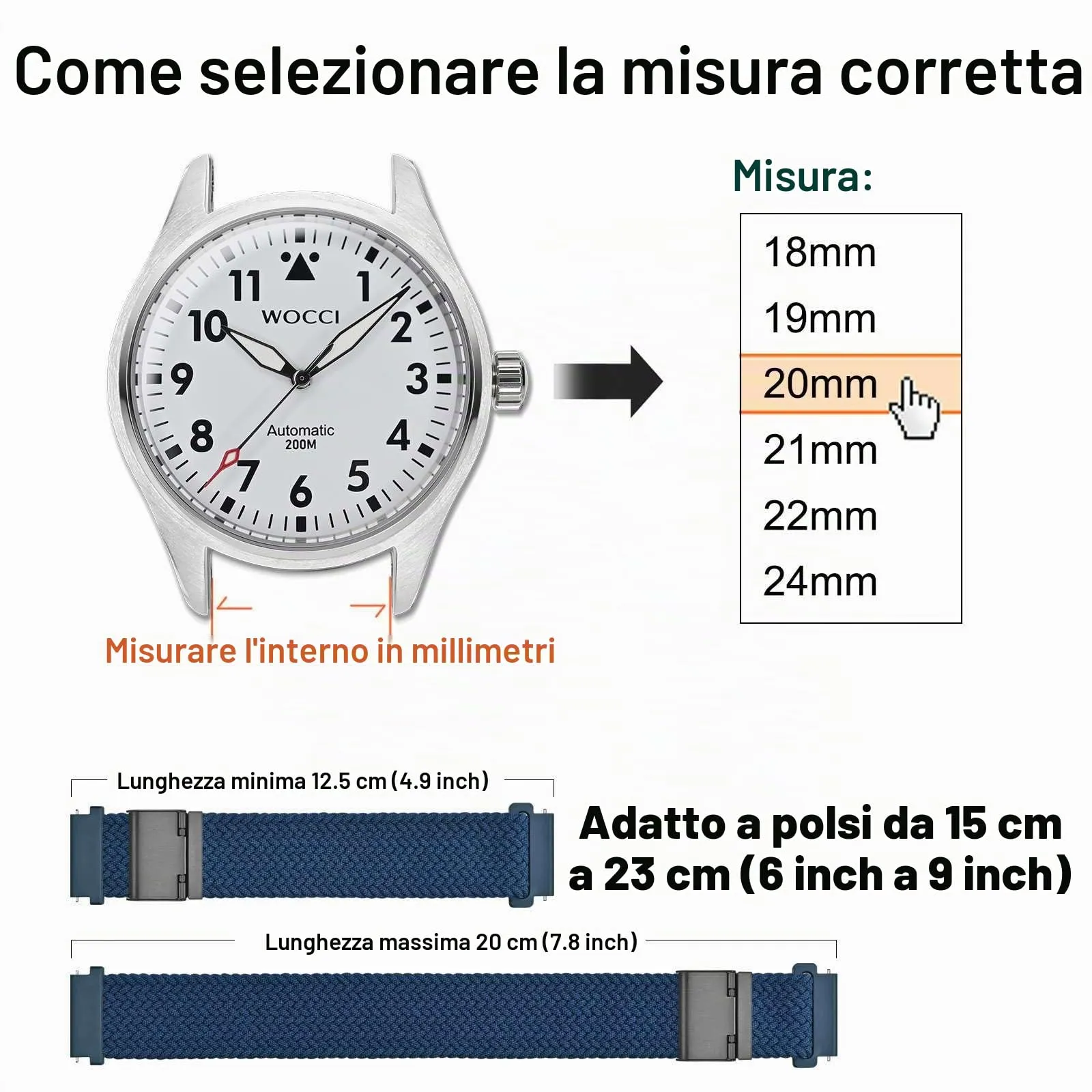WOCCI 20mm Intrecciato Nylon Cinturino per Orologio da Uomo e da Donna, Regolabile Fibbia Nera (Blu) - immagine 4