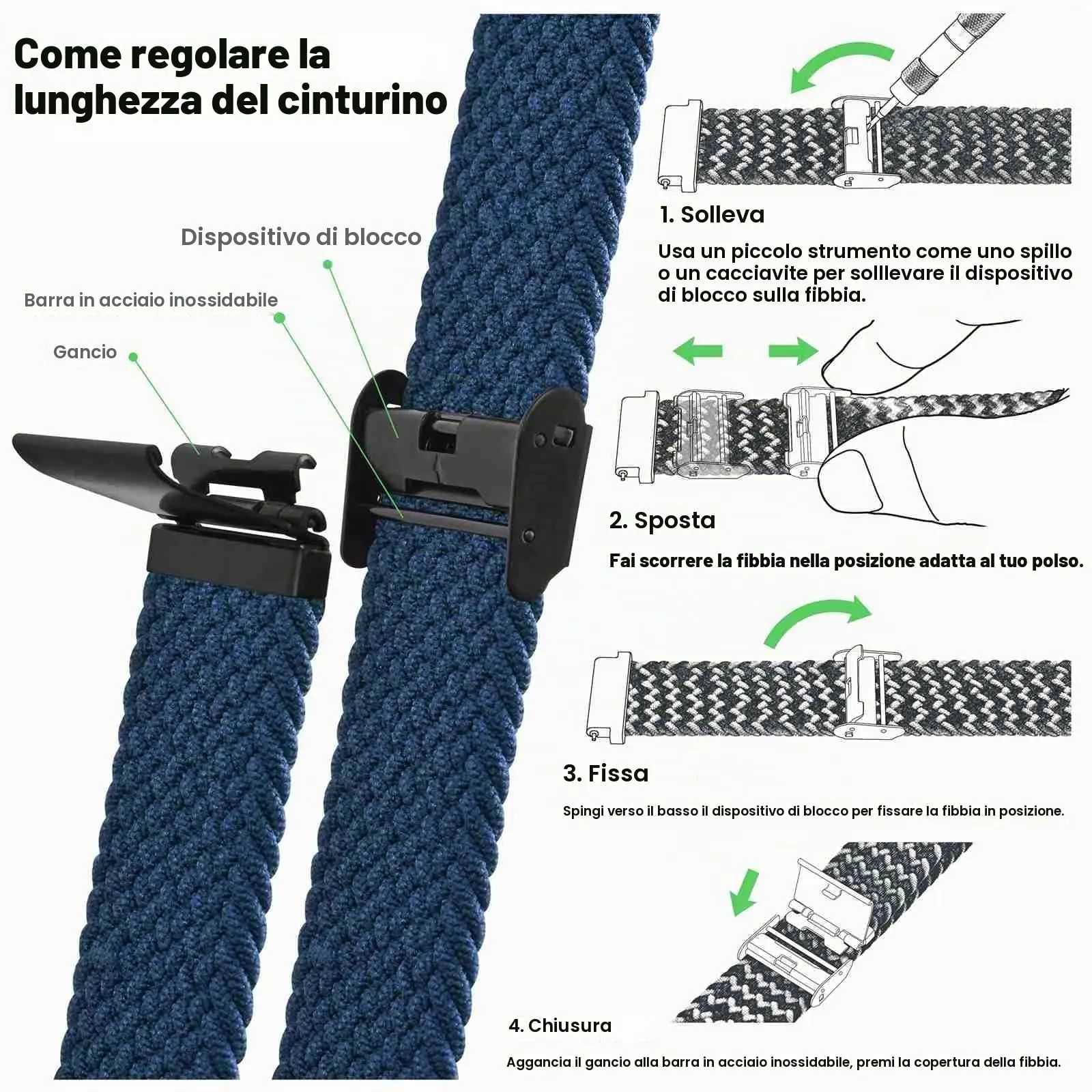 WOCCI 20mm Intrecciato Nylon Cinturino per Orologio da Uomo e da Donna, Regolabile Fibbia Nera (Blu) - immagine 5