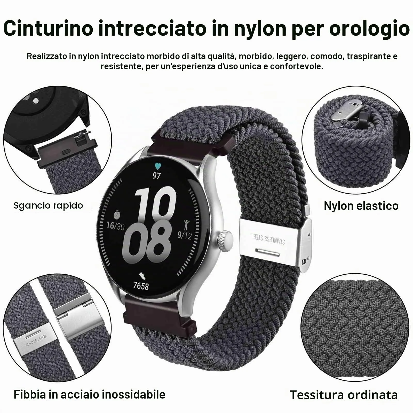WOCCI 20mm Intrecciato Nylon Cinturino per Orologio da Uomo e da Donna, Regolabile Fibbia Argento (Grigio) - immagine 3